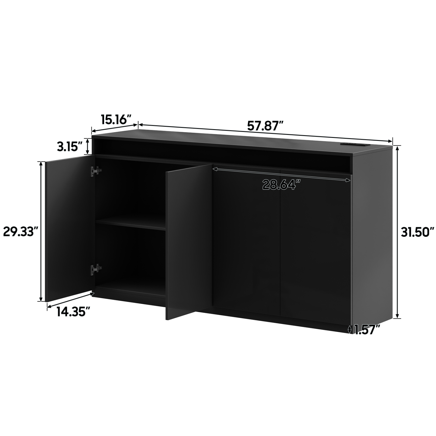 57" Kitchen Buffet Cabinet with Power Outlets - Pantry Storage Cabinet with LED Lights, Sideboard Cabinet Kitchen Storage Cabinets with 4 High Gloss Doors for Kitchen, Bathroom, Black.