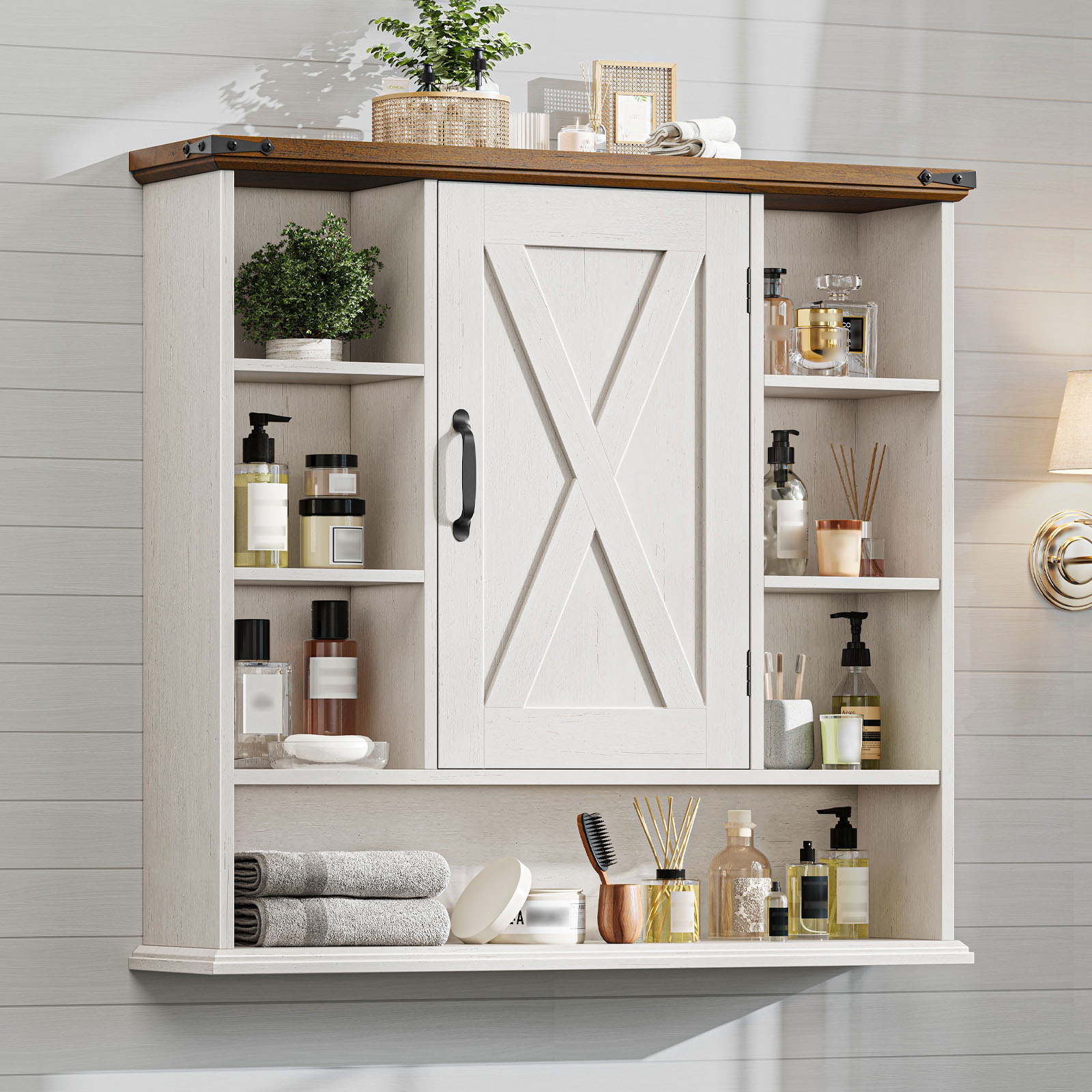 Halitaa Bathroom Wall Cabinet, Farmhouse Medicine Cabinet with Adjustable Shelves and Barn Doors, Large Wall Mounted Over the Toilet Storage Cabinet for Bathroom, Laundry Room, Kitchen