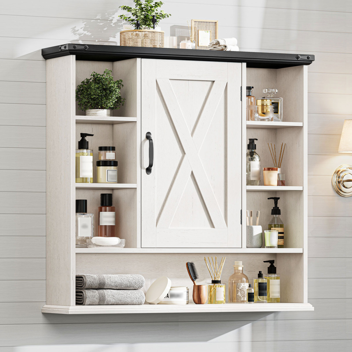Halitaa Bathroom Wall Cabinet, Farmhouse Medicine Cabinet with Adjustable Shelves and Barn Doors, Large Wall Mounted Over the Toilet Storage Cabinet for Bathroom, Laundry Room, Kitchen