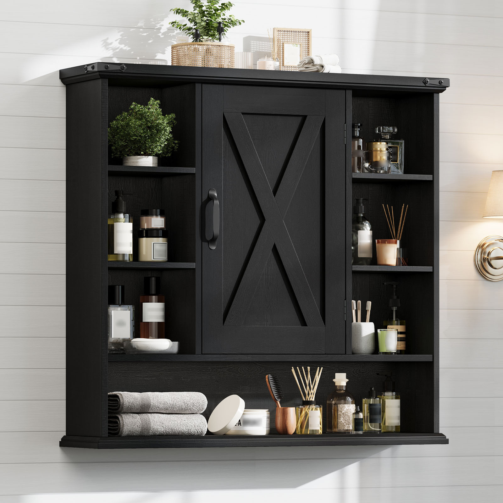 Halitaa Bathroom Wall Cabinet, Farmhouse Medicine Cabinet with Adjustable Shelves and Barn Doors, Large Wall Mounted Over the Toilet Storage Cabinet for Bathroom, Laundry Room, Kitchen