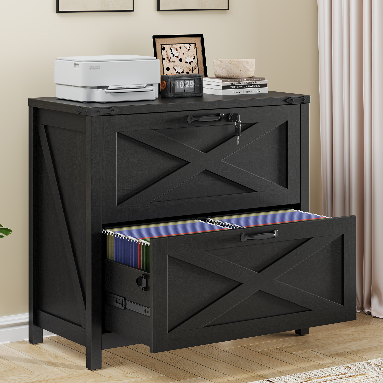 Halitaa Lateral File Cabinet with 2 Large Drawers, Farmhouse File Cabinet with Lock for Letter/Legal/A4 Size Hanging Files, Wood File Storage Cabinets Printer Stand for Home Office Cabinets