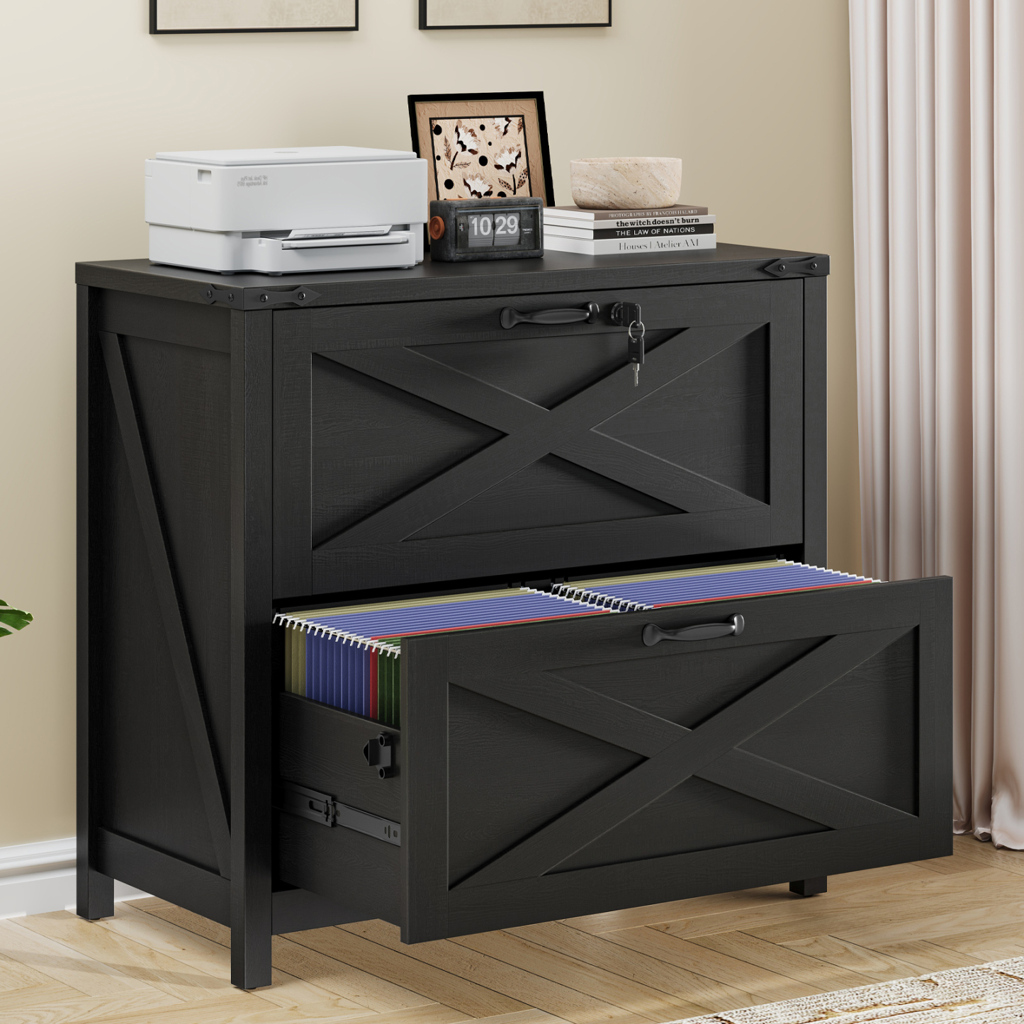 Halitaa Lateral File Cabinet with 2 Large Drawers, Farmhouse File Cabinet with Lock for Letter/Legal/A4 Size Hanging Files, Wood File Storage Cabinets Printer Stand for Home Office Cabinets