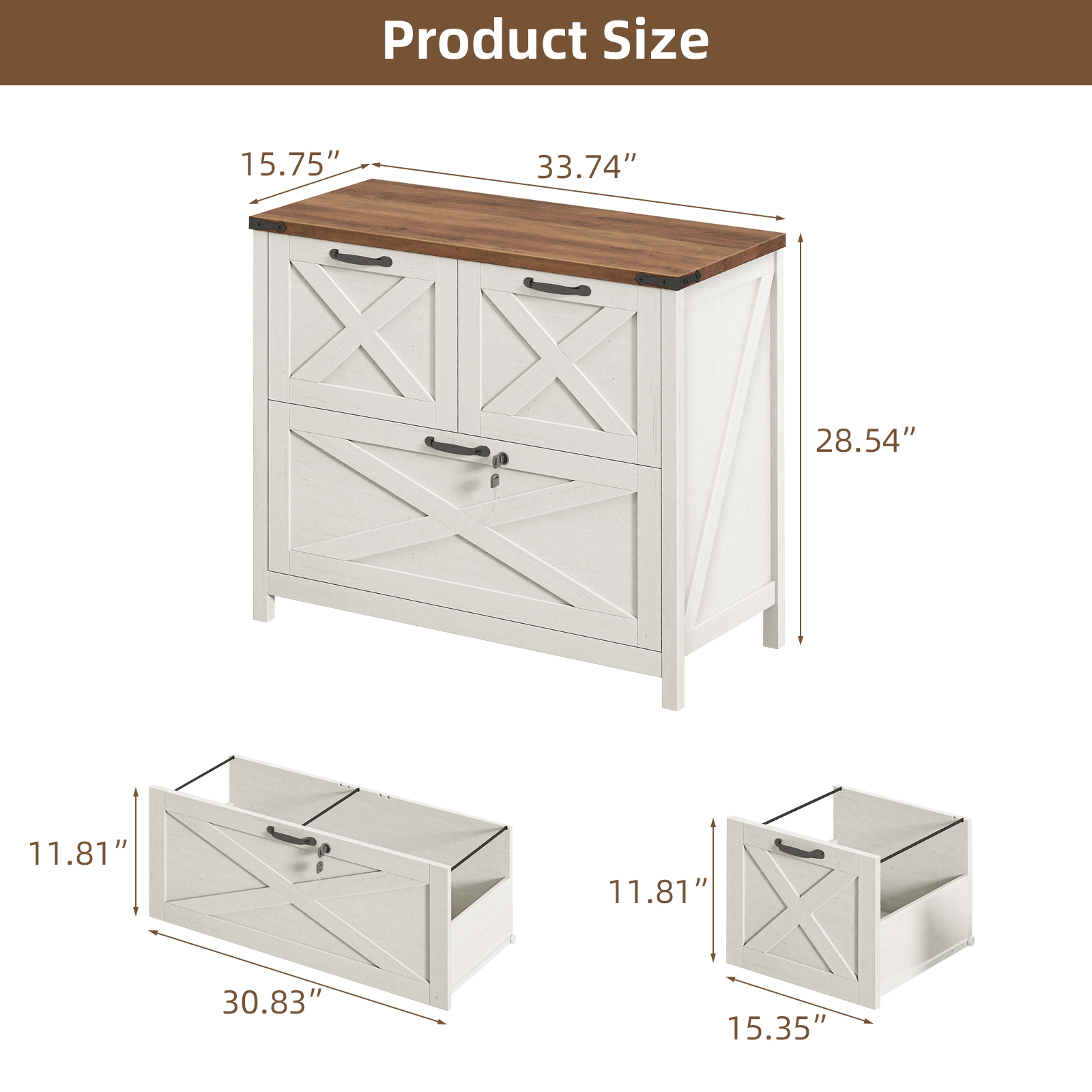 Halitaa Lateral File Cabinet with 3 Drawers, Farmhouse File Cabinet with Lock for Letter/Legal/A4 Size Hanging Files, Wood File Storage Cabinets Printer Stand for Home Office Cabinets, Rustic White and Brown