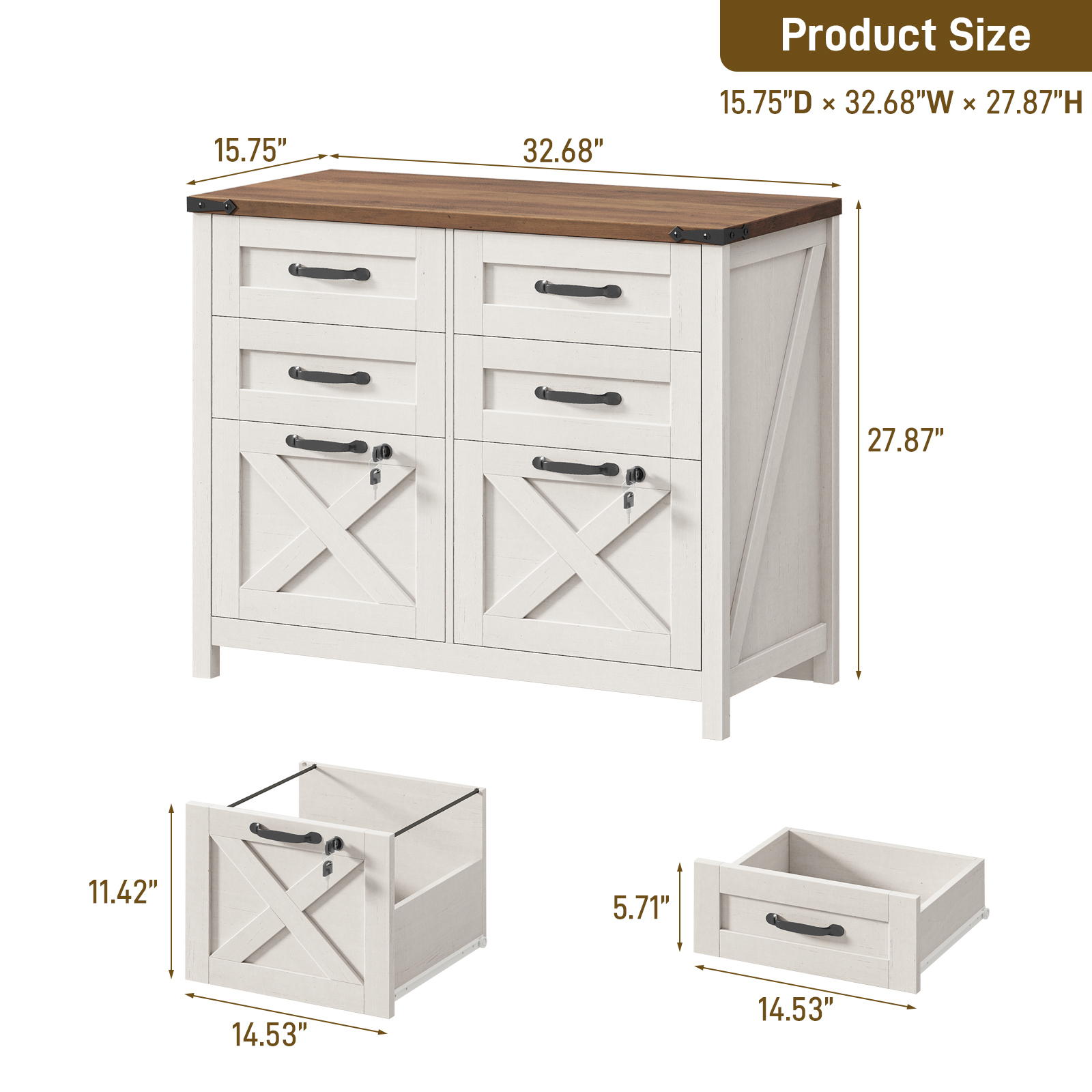 Halitaa Lateral File Cabinet with 6 Drawers, Farmhouse File Cabinet with Lock for Letter/A4 Size Hanging Files, Wood File Storage Cabinets Printer Stand for Home Office Cabinets, Rustic White and Brown