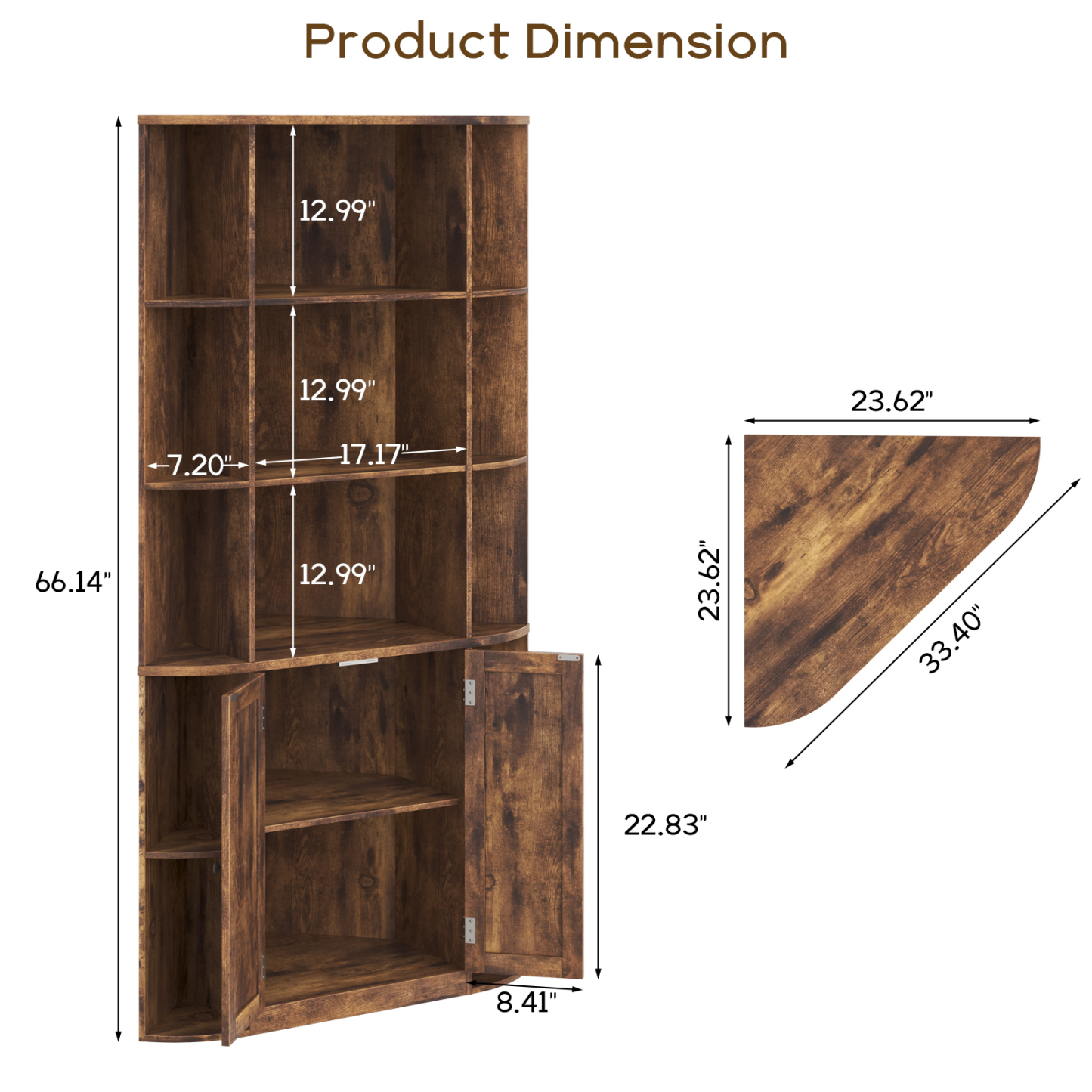 Halitaa Halitaa Corner Storage Cabinet, 67” Tall Corner Bookshelf with Barn Doors and Adjustable Shelf, Farmhouse Storage Shelf with Bottom Cabinet for Study, Living Room and Bedroom