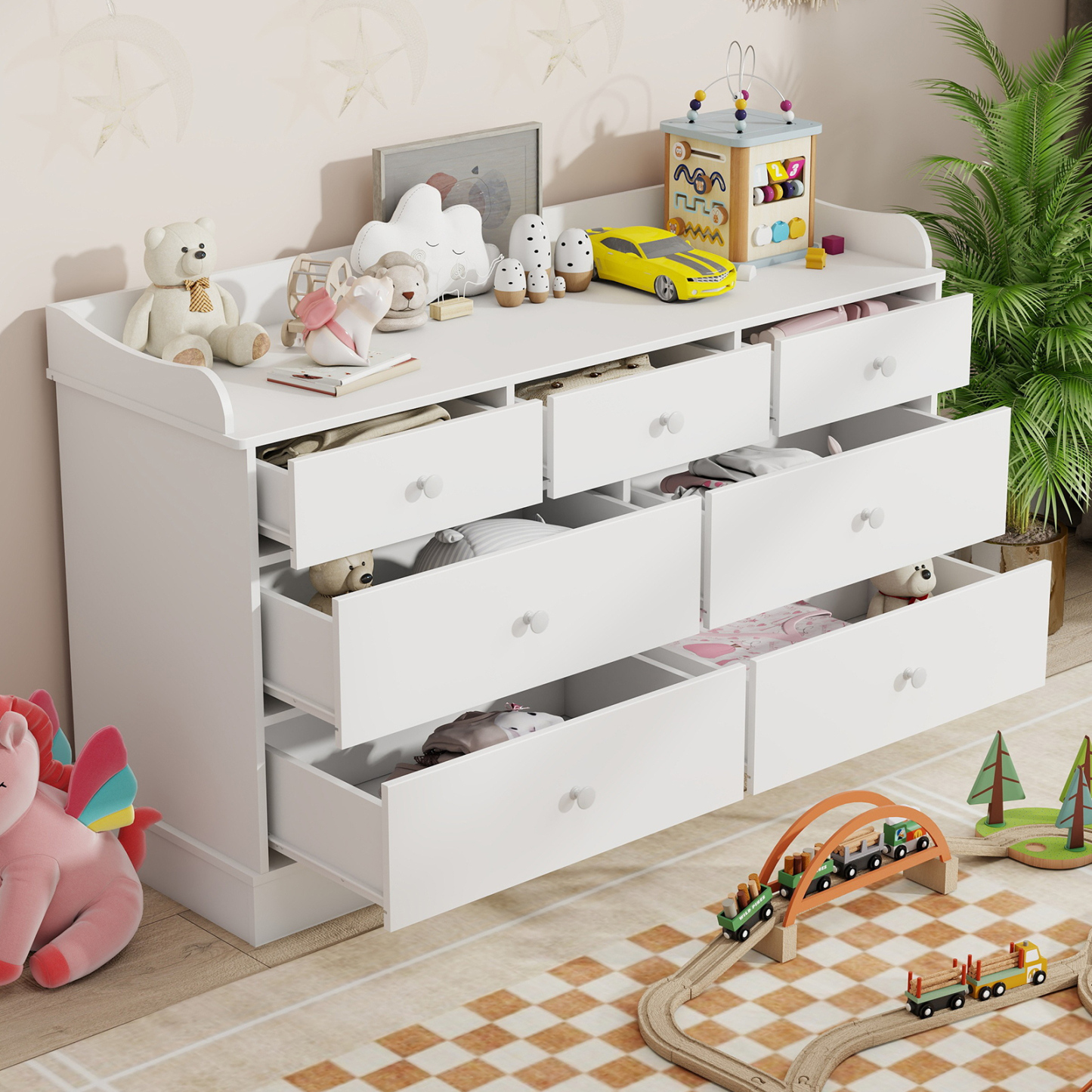 Vabches Kids Dresser Cabinet with 7 Drawers, Changing Table for Nursery, White Chest of Drawers, Baby Dresser, Kids Bedroom Furniture, Nightstand for Child’s Room, White