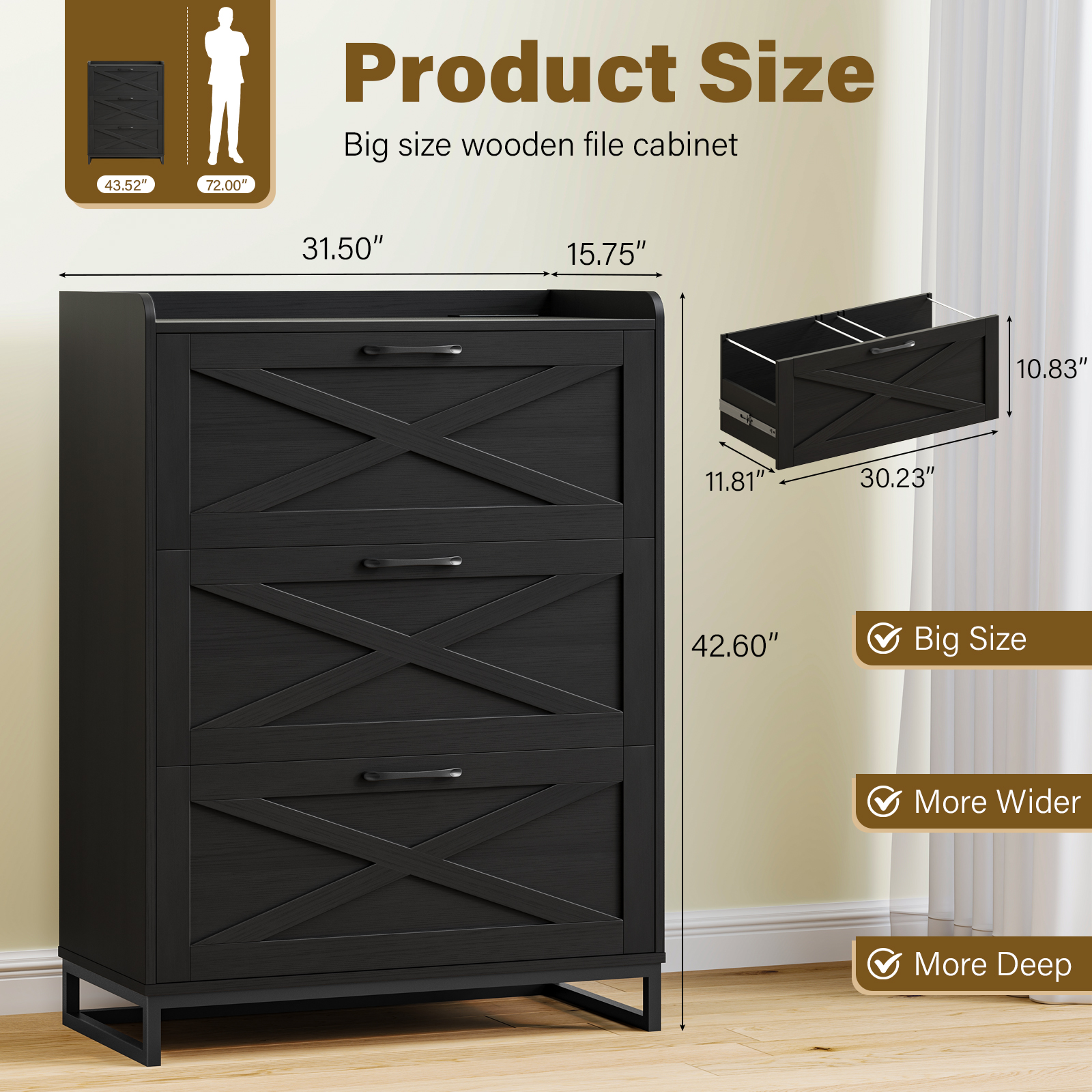 File Cabinet 3 Drawers Lateral File Cabinet with Charging Station for Letter/Legal/A4 Size Hanging Files, Large Wood File Storage Cabinets Printer Stand for Home Office, Black