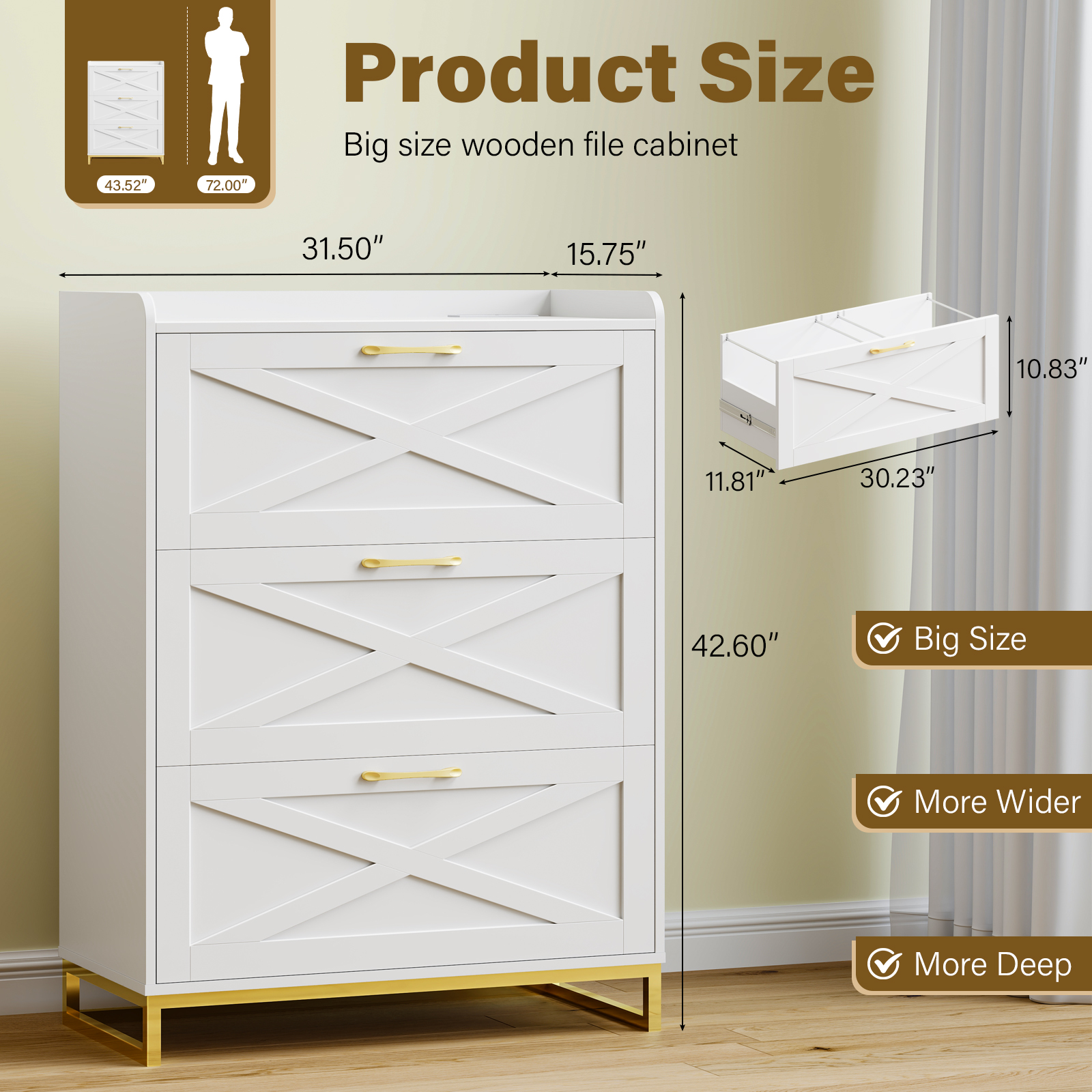 File Cabinet 3 Drawers Lateral File Cabinet with Charging Station for Letter/Legal/A4 Size Hanging Files, Large Wood File Storage Cabinets Printer Stand for Home Office, Black