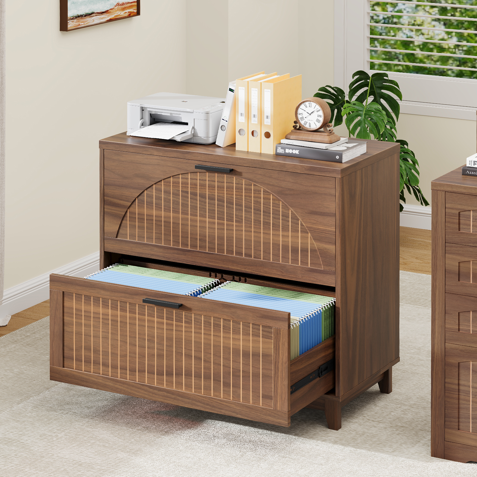 Halitaa Lateral File Cabinet 2 Drawer File Cabinet with Charging Station for Legal/Letter/A4 Size Hanging Files, Large Modern Fluted File Storage Cabinets Printer Stand for Home Office, Walnut