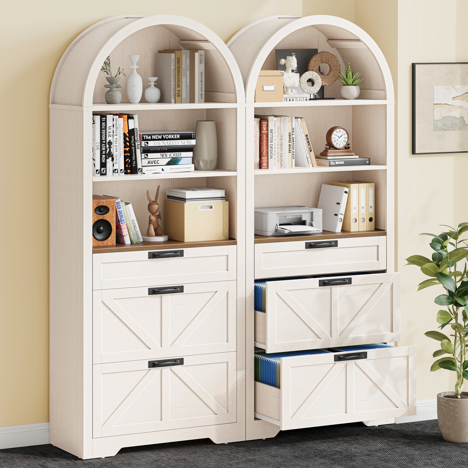 Arched Farmhouse File Cabinet with 2 Drawers for Legal, Letter, and A4 Size Hanging Files, Large Wooden File Cabinet for Home Office with Printer Stand and Bookshelf