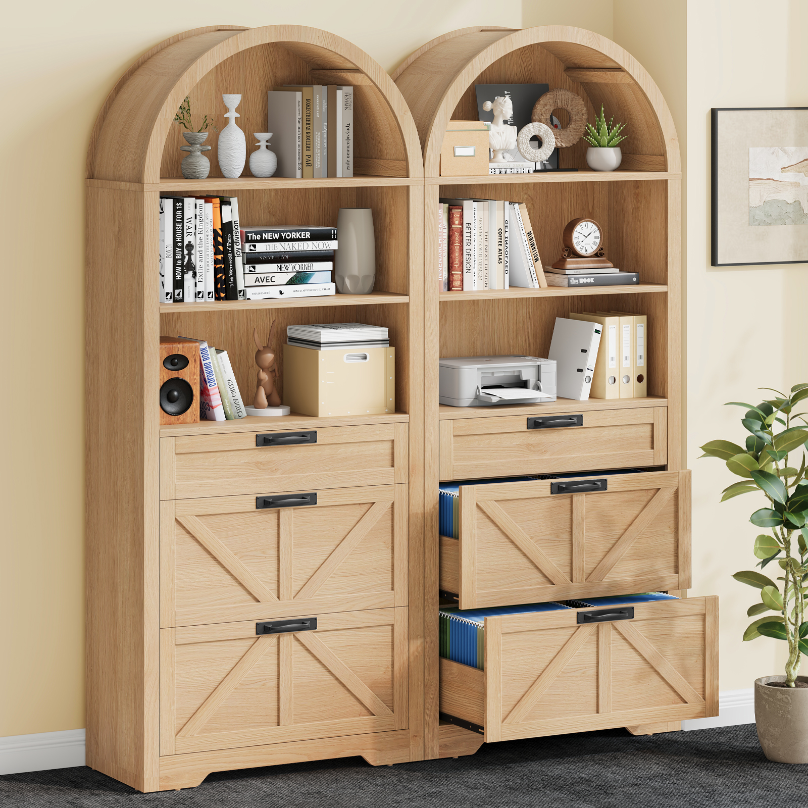 Arched Farmhouse File Cabinet with 2 Drawers for Legal, Letter, and A4 Size Hanging Files, Large Wooden File Cabinet for Home Office with Printer Stand and Bookshelf