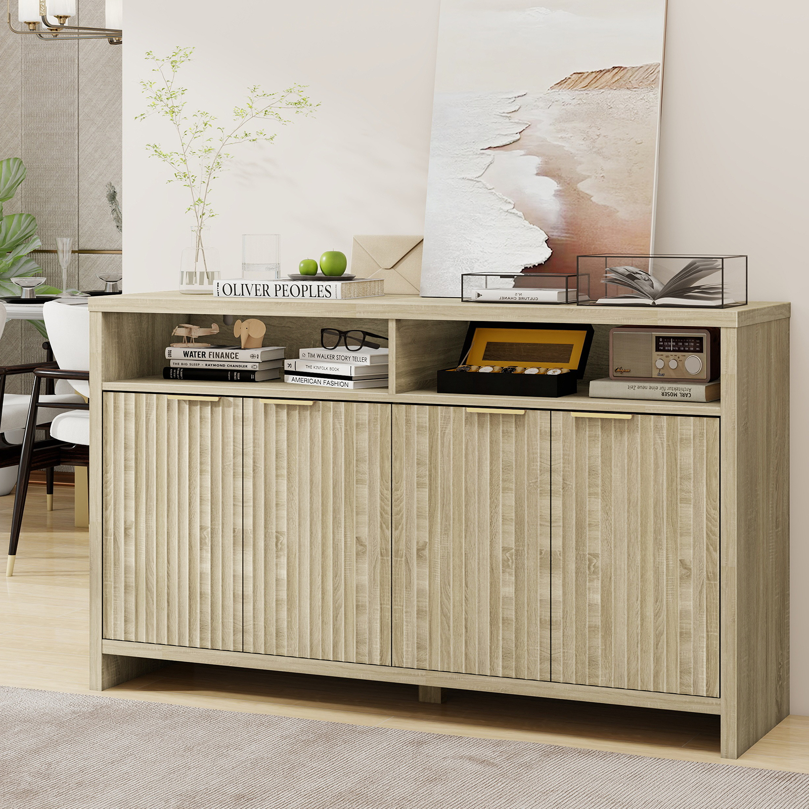Vabches Oxford Fluted Storage Cabinet, Entertainment Center TV Console for Living Room Bedroom, Accent Cabinet with Doors and Shelves, Large Sideboard Buffet with Adjustable Shelf, Ash Oak