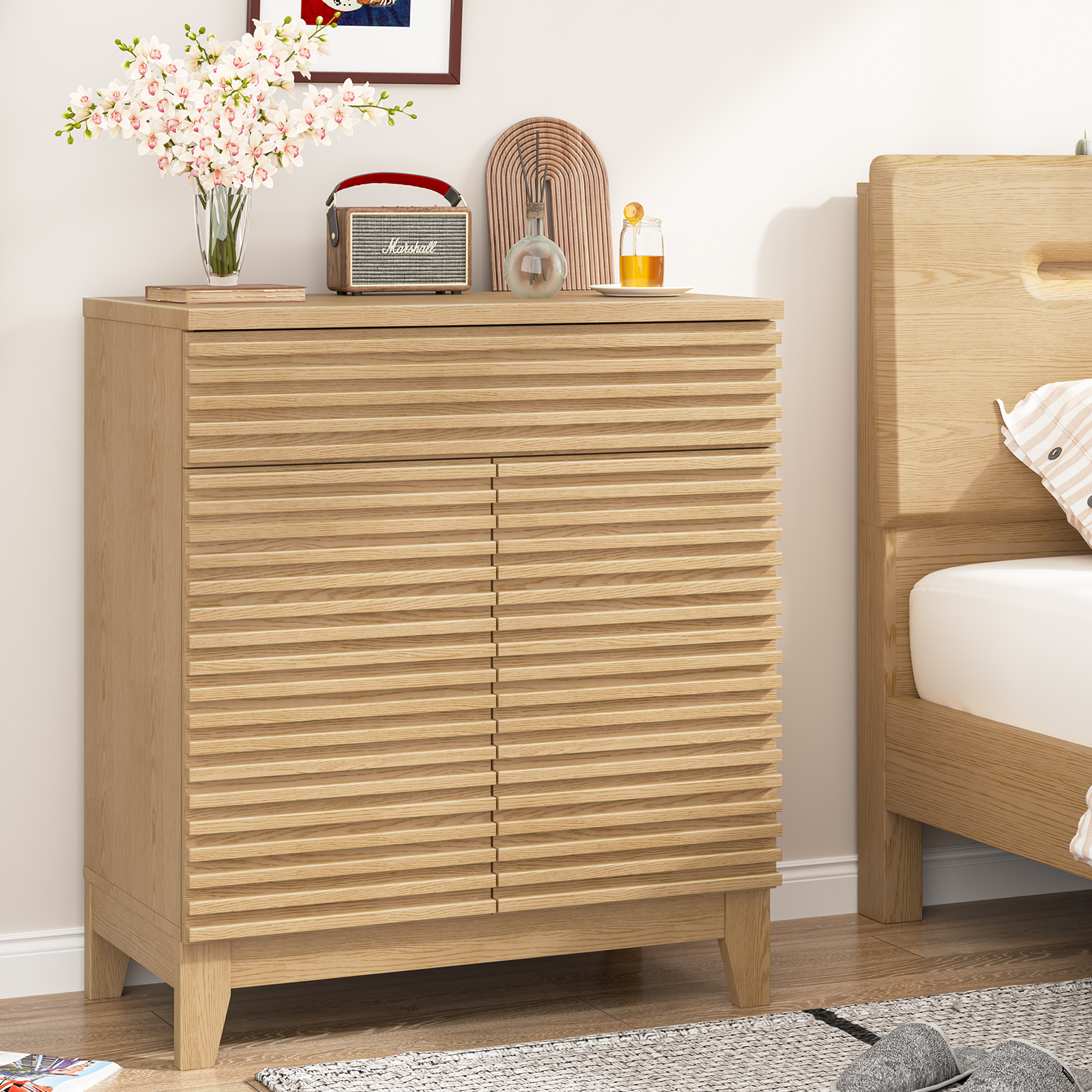 Vabches Fluted Buffet Cabinet with Storage, Coffee Bar Cabinet with a Drawer, Sideboard Buffet Kitchen Storage Cabinets with Adjustable Shelves for Living Room, Kitchen, Natural Oak