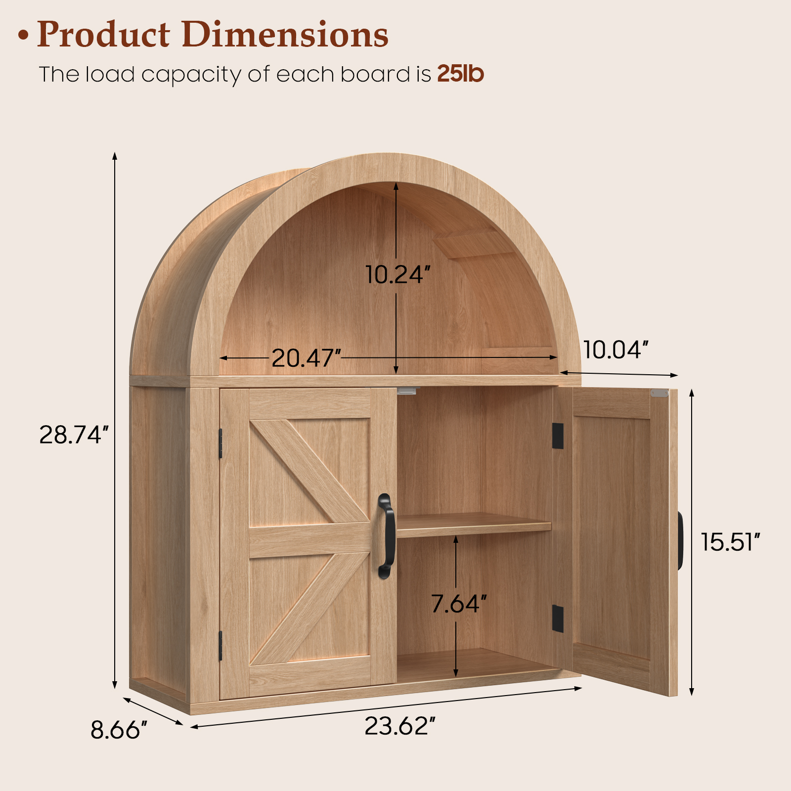 Arched Bathroom Wall Cabinet, Farmhouse Medicine Cabinet with Barn Door and with Adjustable Shelf, 23.6 x 28.7'' Wooden Storage Cabinet Wall Mounted for Bathroom Laundry Room Kitchen