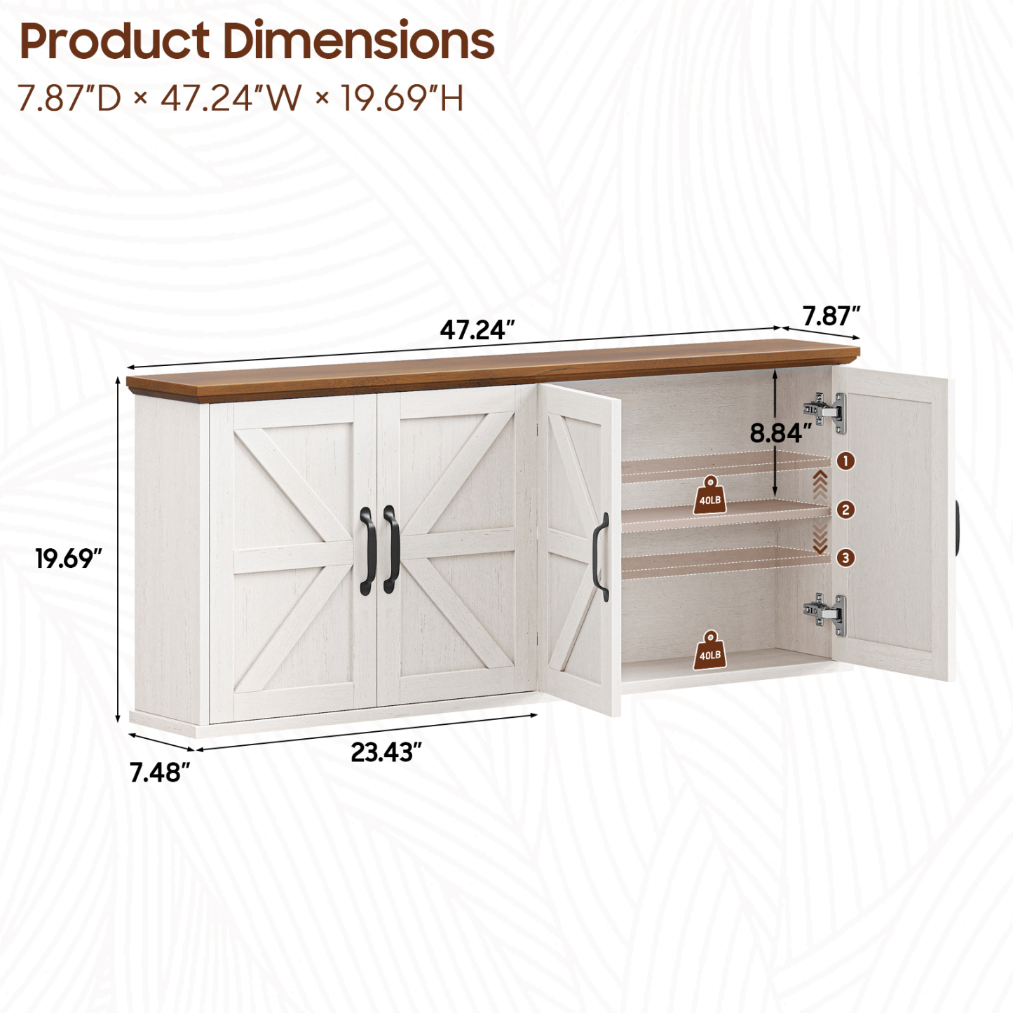 47" Laundry Room Cabinets and Storage with 4 Doors and Utility Adjustable Shelf, Large Wall Mounted Storage Cabinet, Upper Kitchen Cabinet for Laundry, Bathroom, and Kitchen, White and Brown