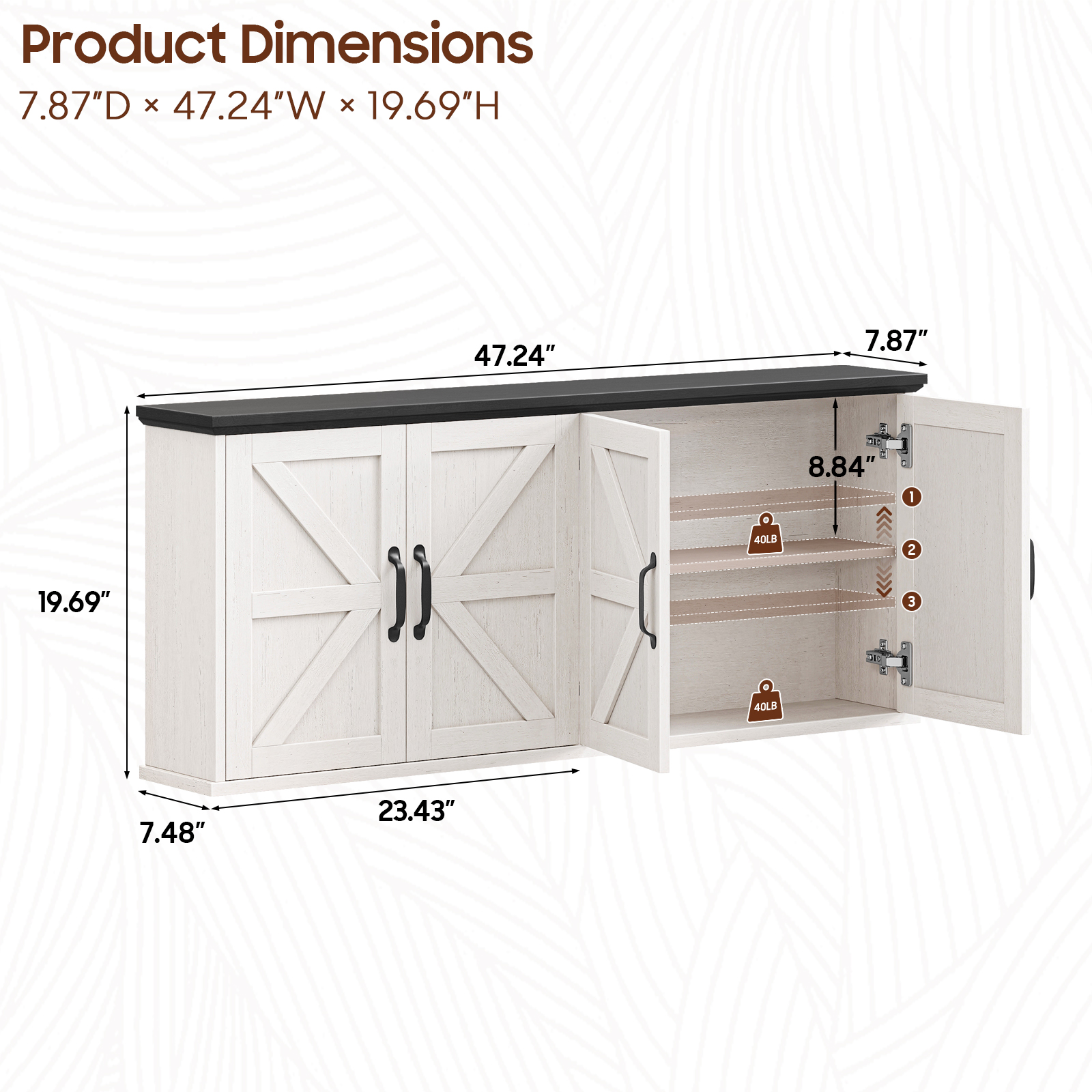 47" Laundry Room Cabinets and Storage with 4 Doors and Utility Adjustable Shelf, Large Wall Mounted Storage Cabinet, Upper Kitchen Cabinet for Laundry, Bathroom, and Kitchen, White and Brown