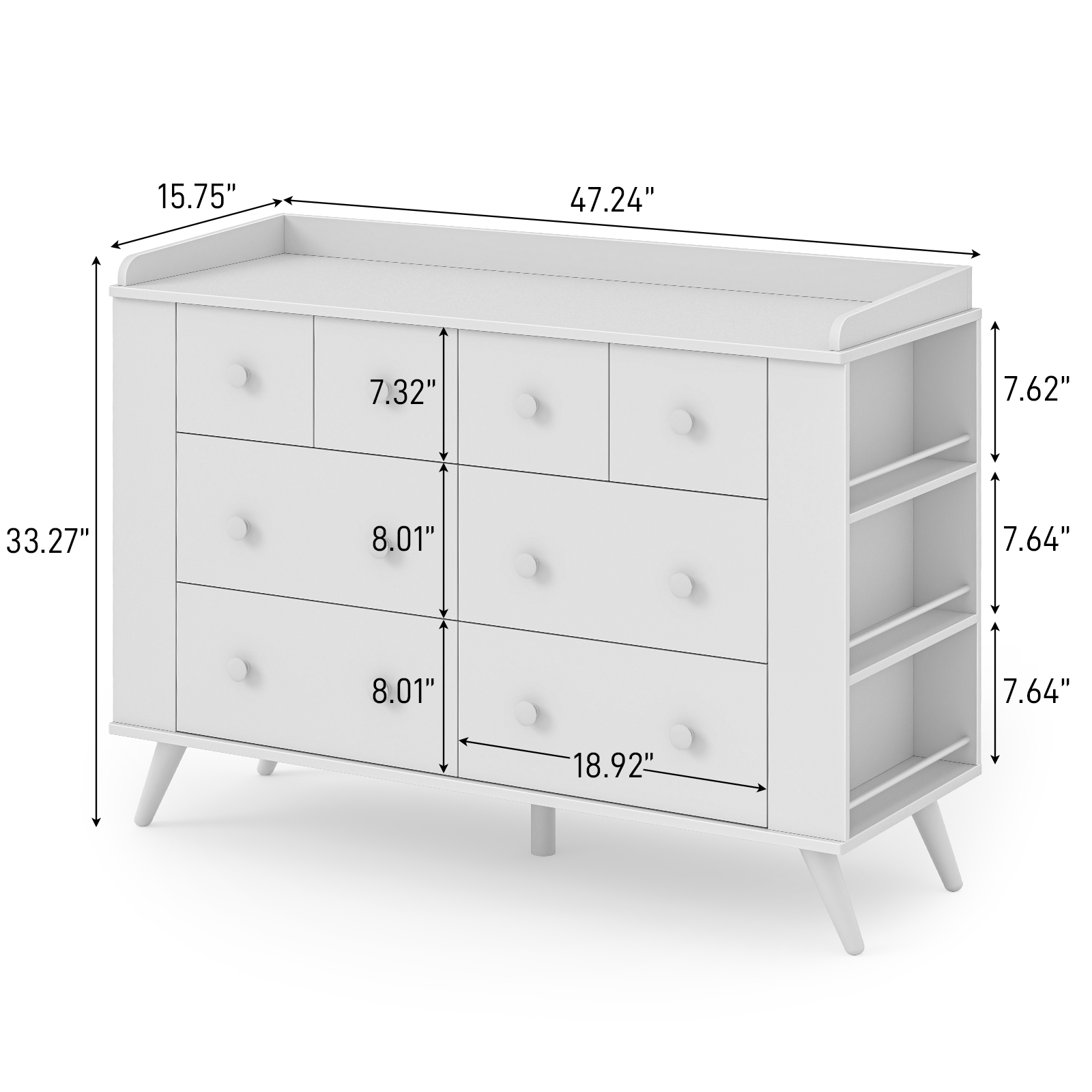 Vabkids Kids Dresser Cabinet with 8 Drawers, Changing Table for Nursery, White Chest of Drawers with Open Shelving, Baby Dresser, Kids Bedroom Furniture, Nightstand for Child' s Room, White
