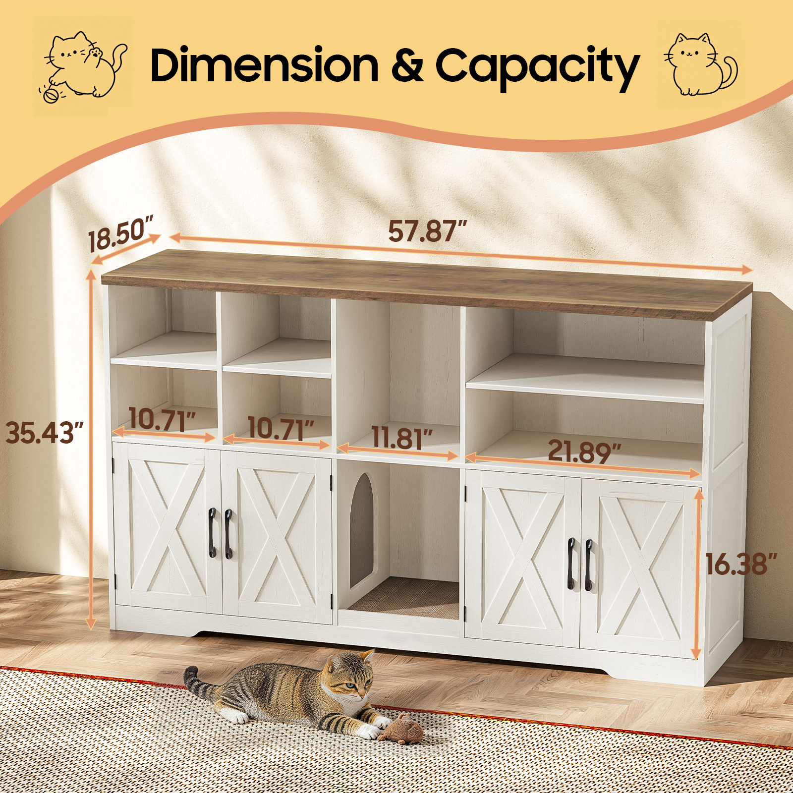 Halitaa Double Litter Box Enclosure for 2 Cats, 57" Farmhouse Litter Box Furniture Hidden with Cat Scratch Pad, Large Indoor Cat House with Double Room, Wooden Litter Box Cabinet, TV Stand, Rustic White