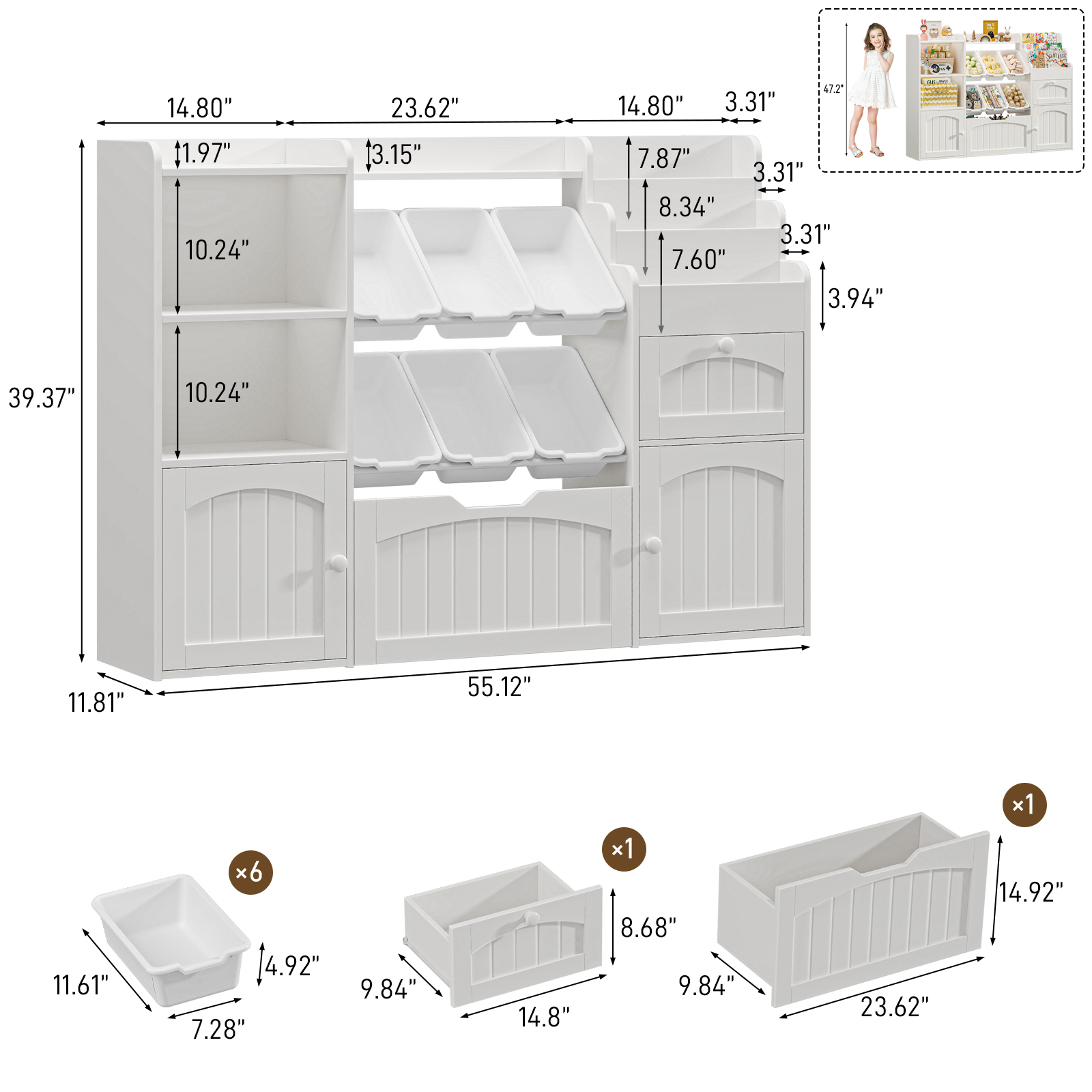 Halitta Toy Storage Organizer with Movable Drawer, Kids Bookshelf with 6 Toy Bins and 3-Tier Book Rack, Playroom Storage Organization with 2 Open Cubbies and 2 Cabinet for Living Room, Kids Room, White