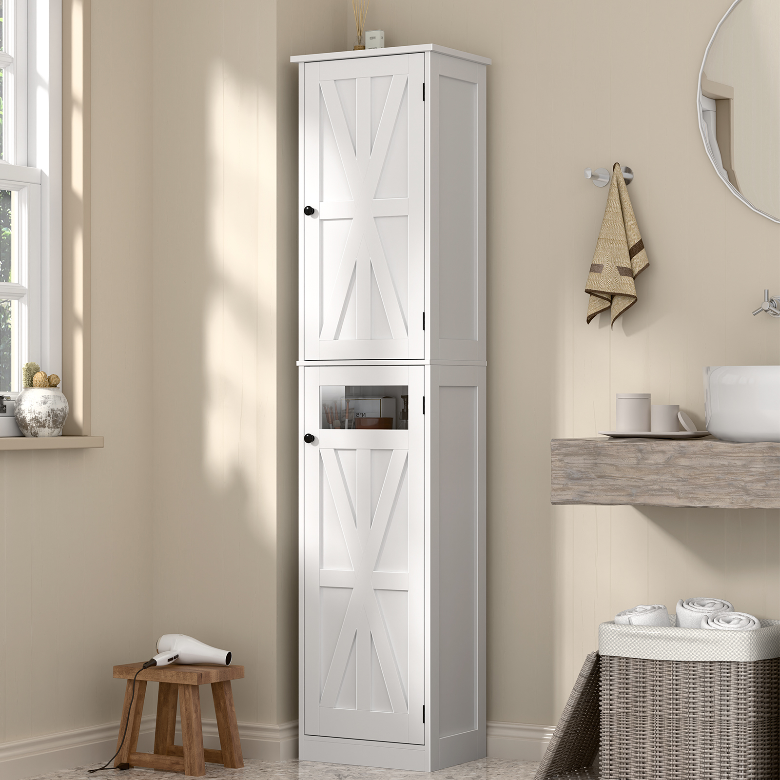 Halitaa Tall Narrow Bathroom Storage Cabinet, Slim Bathroom Cabinet with Adjustable Shelves and 2 Doors, Farmhouse Freestanding Floor Storage for Small Spaces, Bathroom, Kitchen, Living Room, White