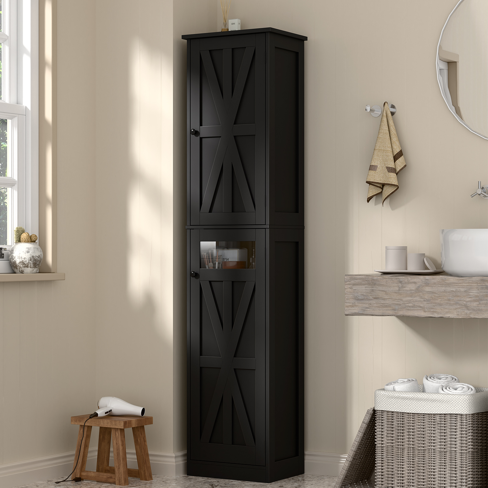 Halitaa Tall Narrow Bathroom Storage Cabinet, Slim Bathroom Cabinet with Adjustable Shelves and 2 Doors, Farmhouse Freestanding Floor Storage for Small Spaces, Bathroom, Kitchen, Living Room, White