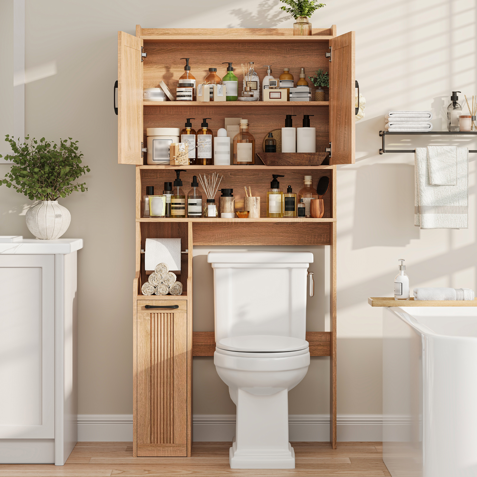 Halitaa Over The Toilet Storage Cabinet with Pulley, Space Saver Fluted Bathroom Organizer with Open Shelves, Anti-Tipping, Toilet Paper Holder Stand Toilet Rack for Bathroom, Laundry（Natural）