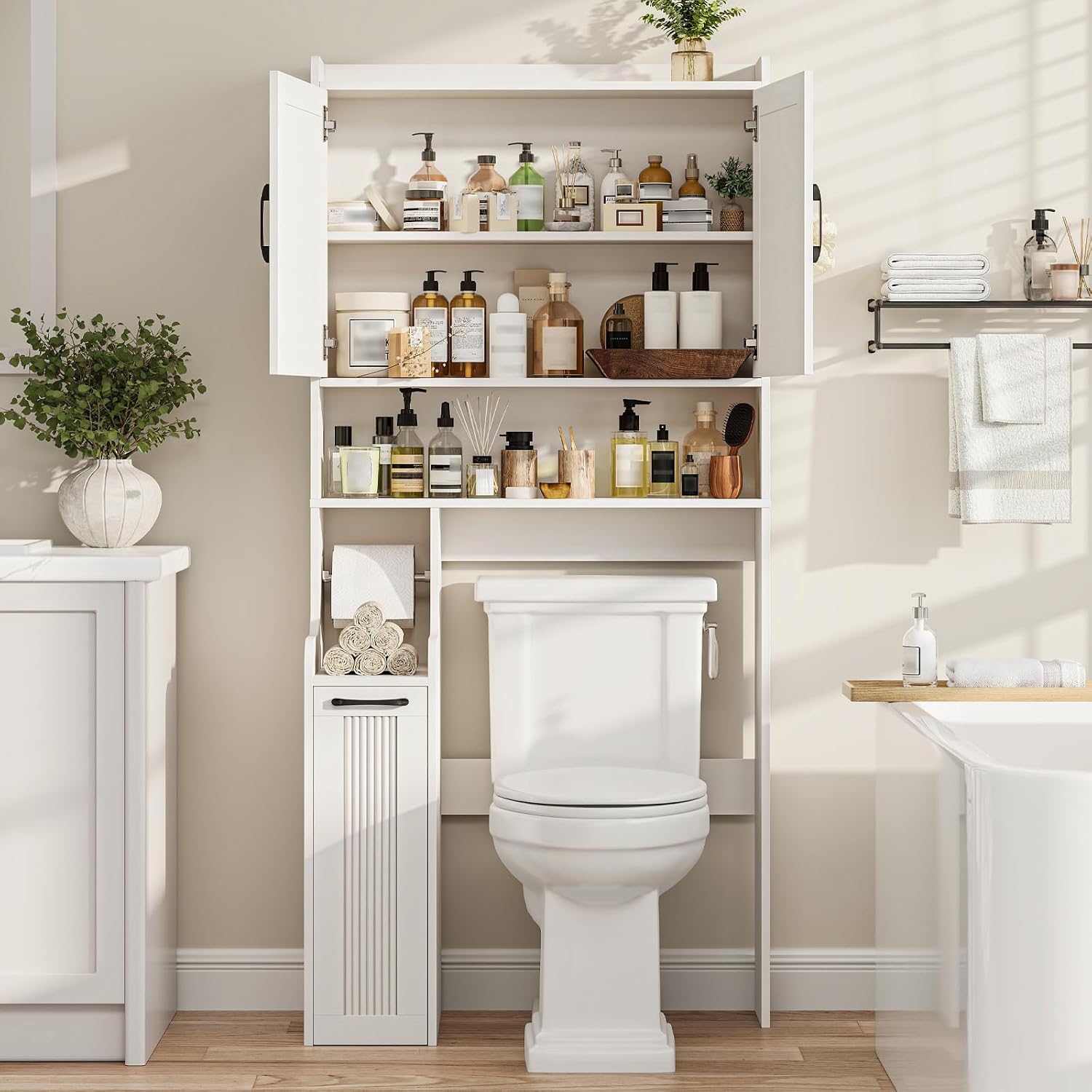 Halitaa Over The Toilet Storage Cabinet with Pulley, Space Saver Fluted Bathroom Organizer with Open Shelves, Anti-Tipping, Toilet Paper Holder Stand Toilet Rack for Bathroom, Laundry（Natural）