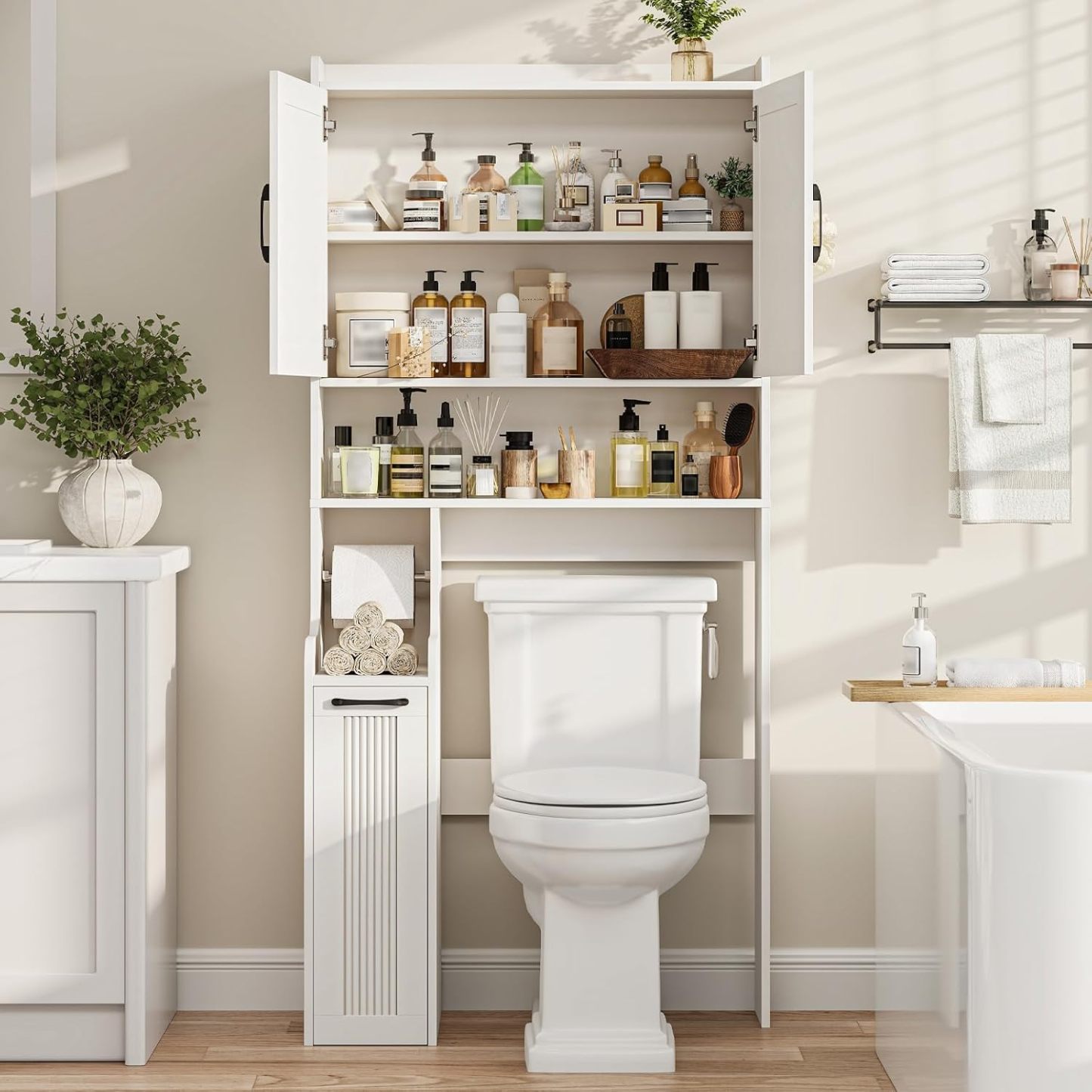Halitaa Over The Toilet Storage Cabinet with Pulley, Space Saver Fluted Bathroom Organizer with Open Shelves, Anti-Tipping, Toilet Paper Holder Stand Toilet Rack for Bathroom, Laundry（Natural）