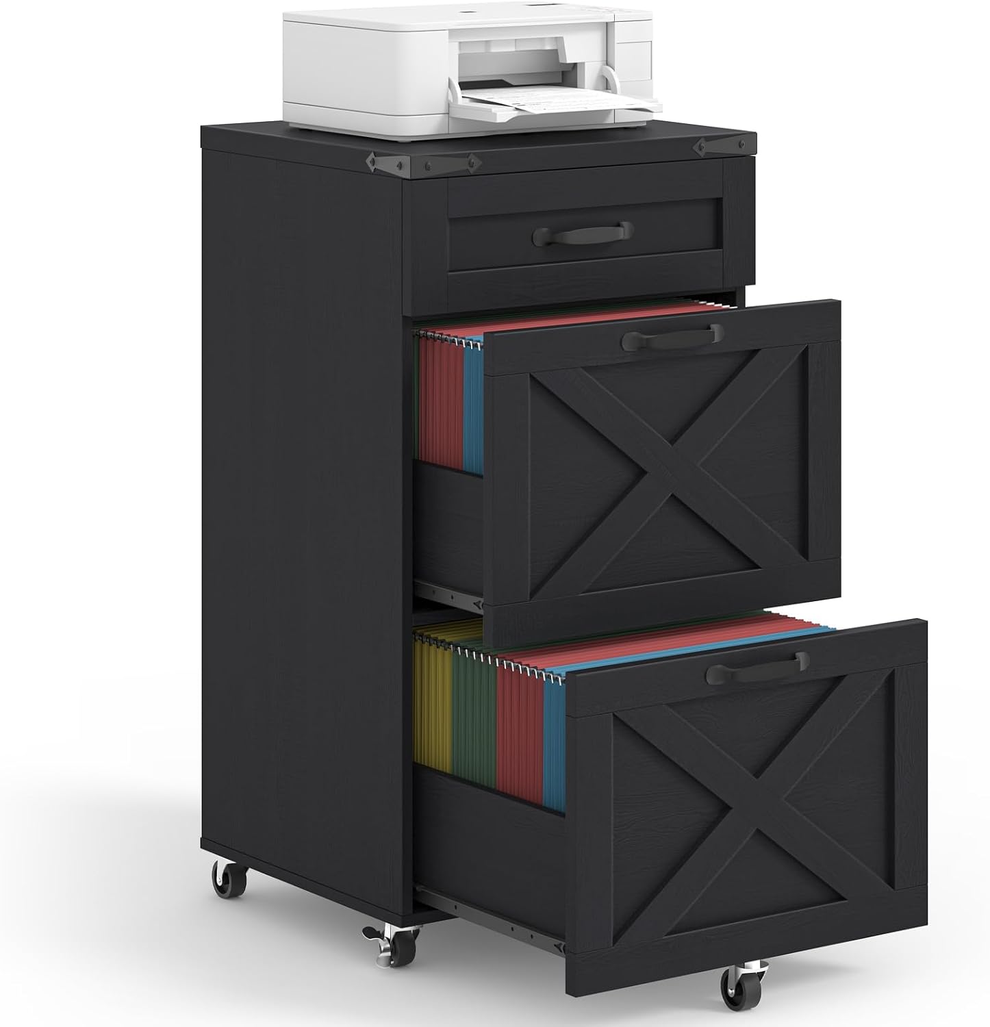 Halitaa 3 Drawers Tall Farmhouse File Cabinet with Wheels for Home Office, Black | Halitaa Vertical Filing Cabinet Fits Letter/A4 Size, Rolling File Cabinet Wooden Printer Stand for Home Office