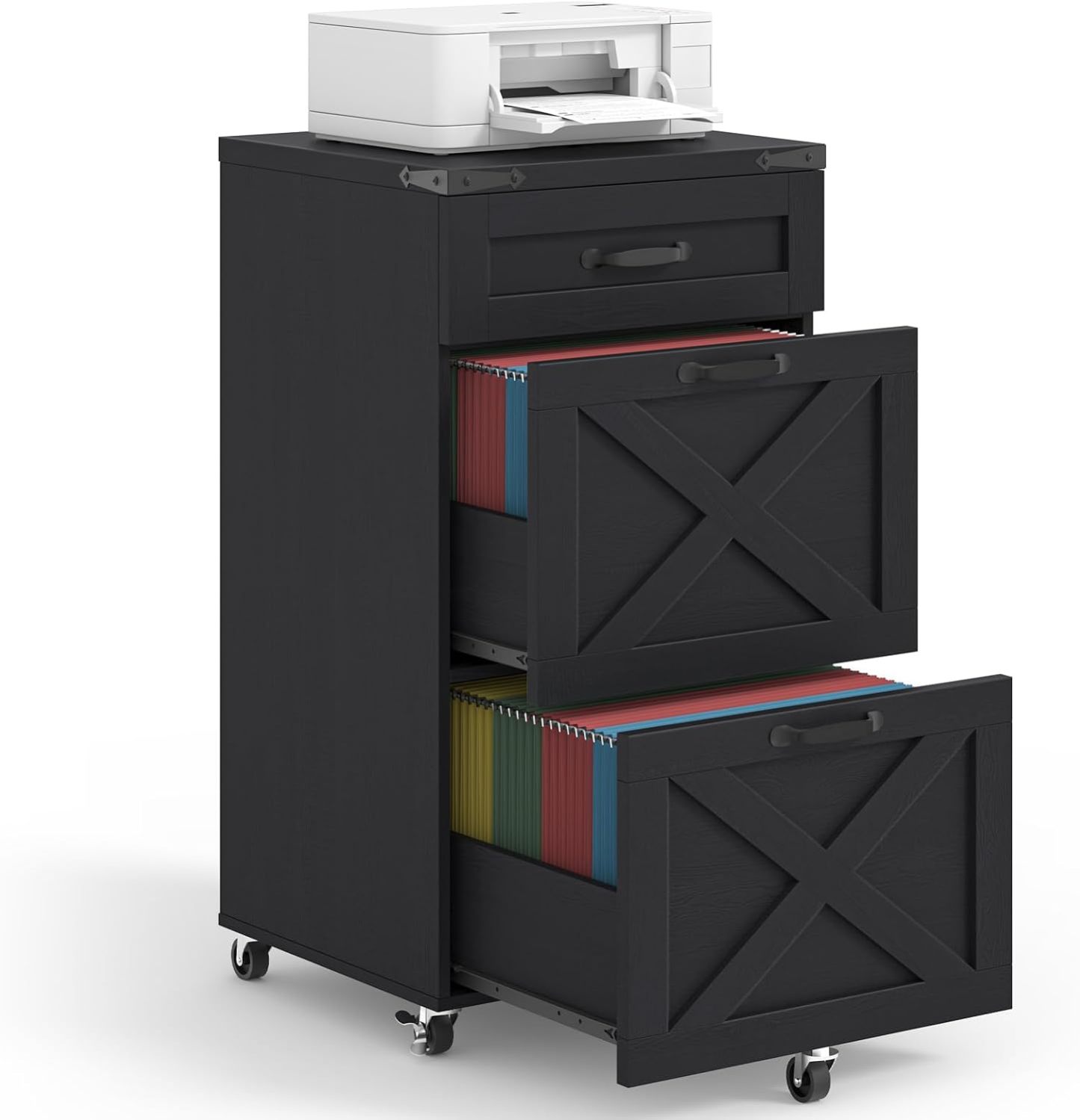 Halitaa 3 Drawers Tall Farmhouse File Cabinet with Wheels for Home Office, Black | Halitaa Vertical Filing Cabinet Fits Letter/A4 Size, Rolling File Cabinet Wooden Printer Stand for Home Office
