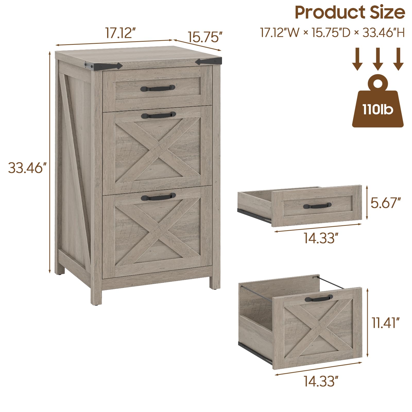 Halitaa 3 Drawers Farmhouse File Cabinet with Wheels for Home Office, Grey