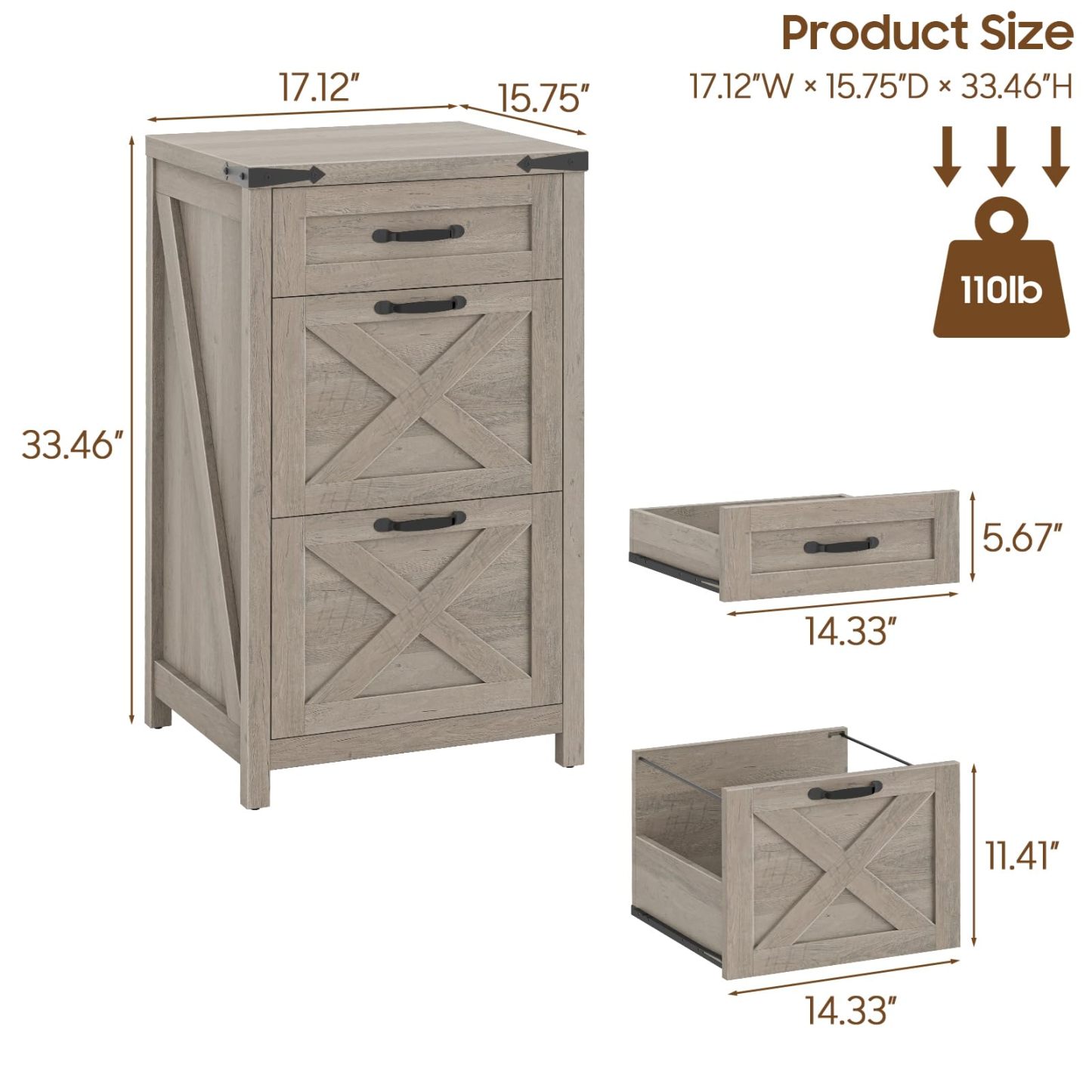 Halitaa 3 Drawers Farmhouse File Cabinet with Wheels for Home Office, Grey