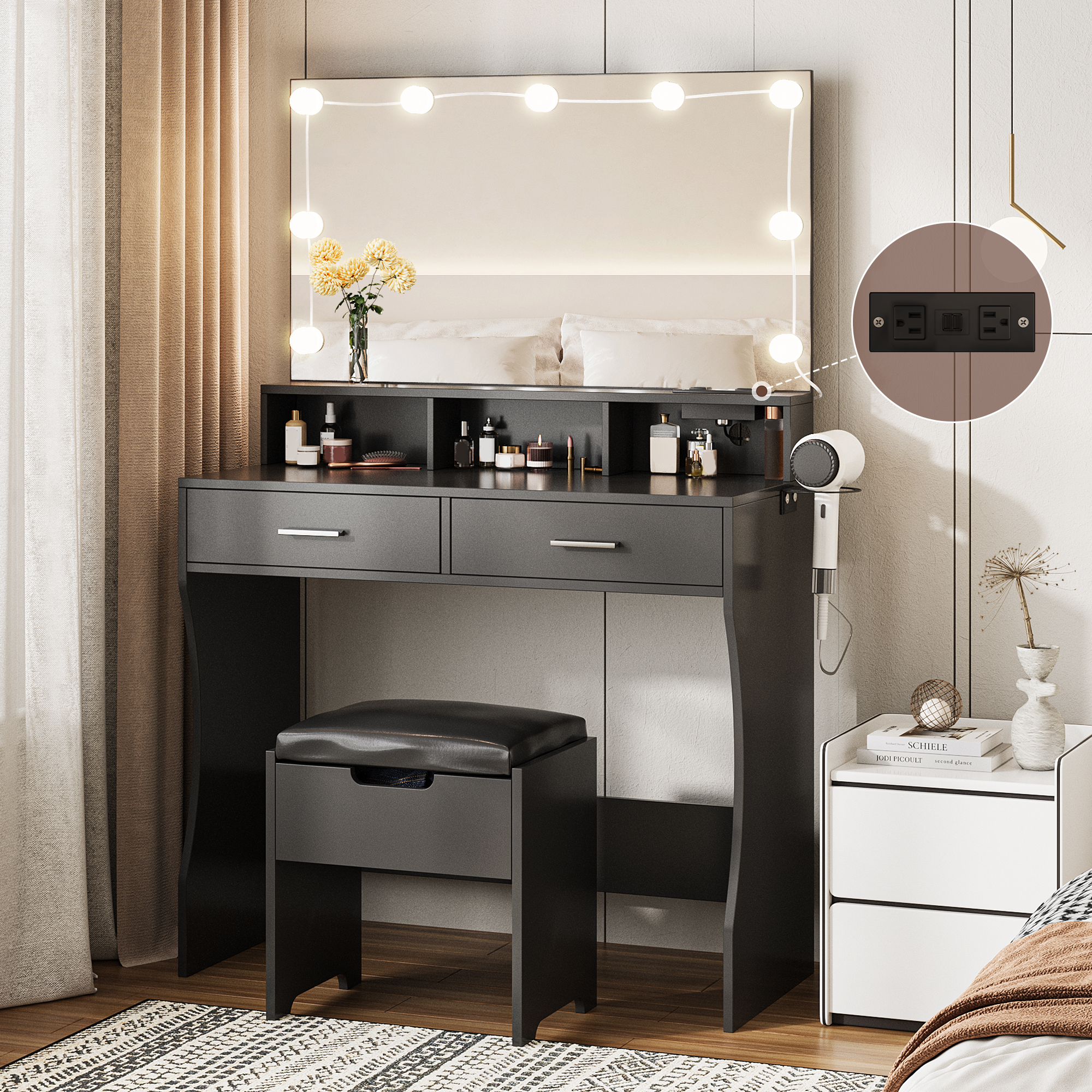 Veanerwood 31.5in Makeup Vanity Table with Lighted Mirror & Power Stri