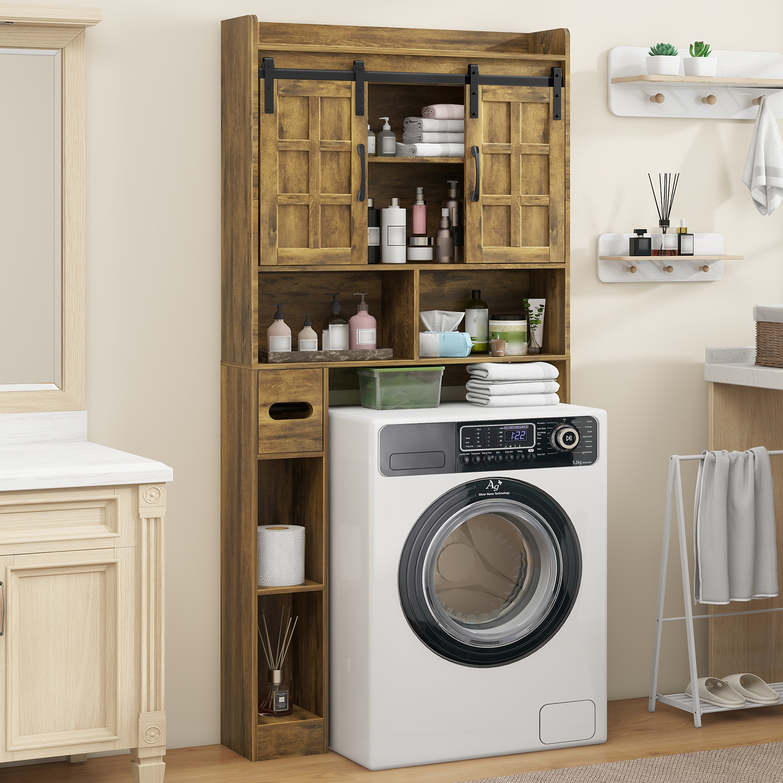 Halitaa Over The Toilet Storage Cabinet, Farmhouse Storage Cabinet Over Toilet with Sliding Doors，Home Space-Saving Toilet Rack, for Bathroom, Restroom, Laundry. Brown