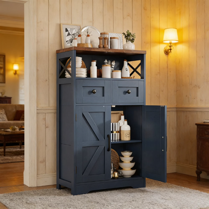 VEANERWOOD Farmhouse Storage Cabinet with Doors and Drawers, Freestanding Kitchen Pantry Cabinet Sideboard, White