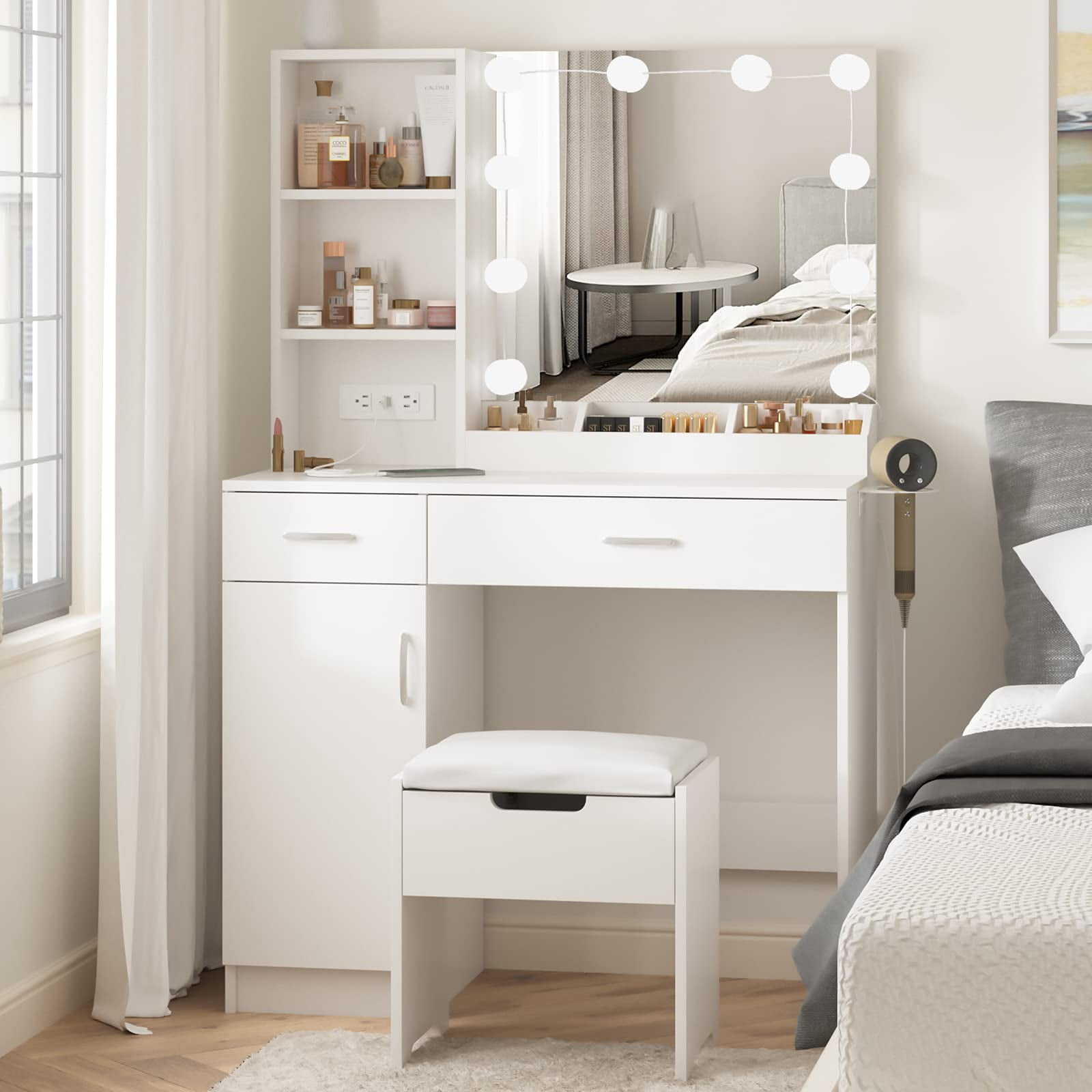 Veanerwood Makeup Vanity with Lighted Mirror & Power Strip, Modern Vanity Table Set with Lights and Hair Dryer Rack, 2 Drawer, for Bedroom Bathroom, 35.4in, White