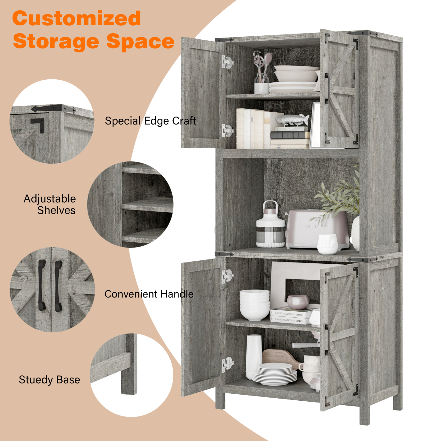 Vabches 69" H 6-Tier Farmhouse Storage Cabinet, perfect for Living Room, Lounge, Kitchen