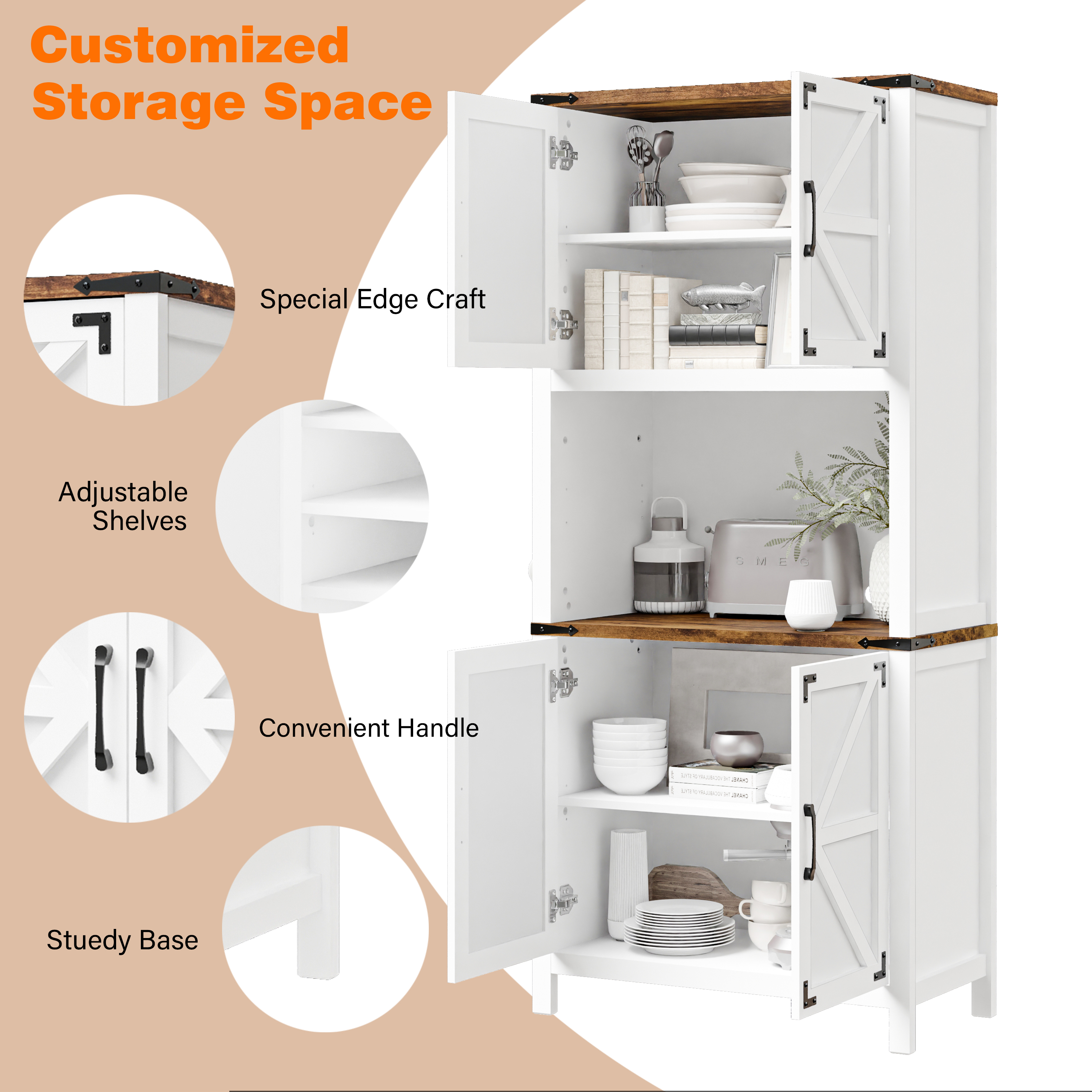 Vabches 69" H 6-Tier Farmhouse Storage Cabinet, perfect for Kitchen, Living Room, Lounge