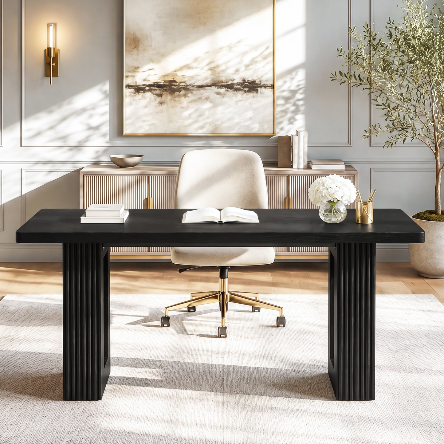 Halitaa 63 Inch Executive Desk, Computer Desk with Large Tabletop, Modern Wood Executive Office Desk with 2 Pedeatals, Writing Conference Table  for Home Office, Study