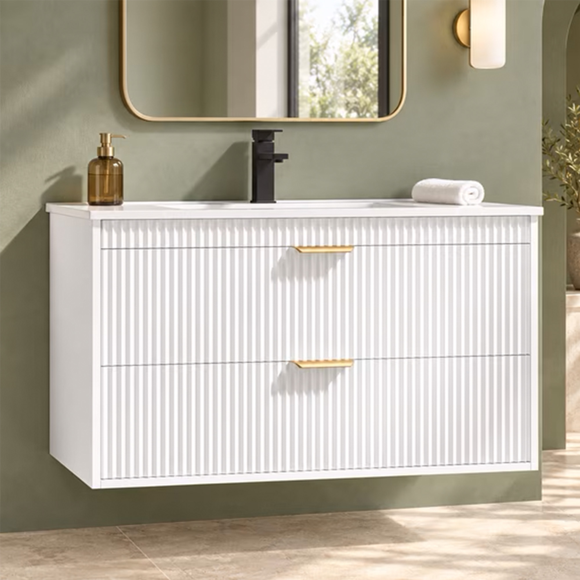 VEANERWOOD 29.9" Floating Bathroom Vanity with Sink, 2 Fluted Drawers, Faucet and Drain Included, White