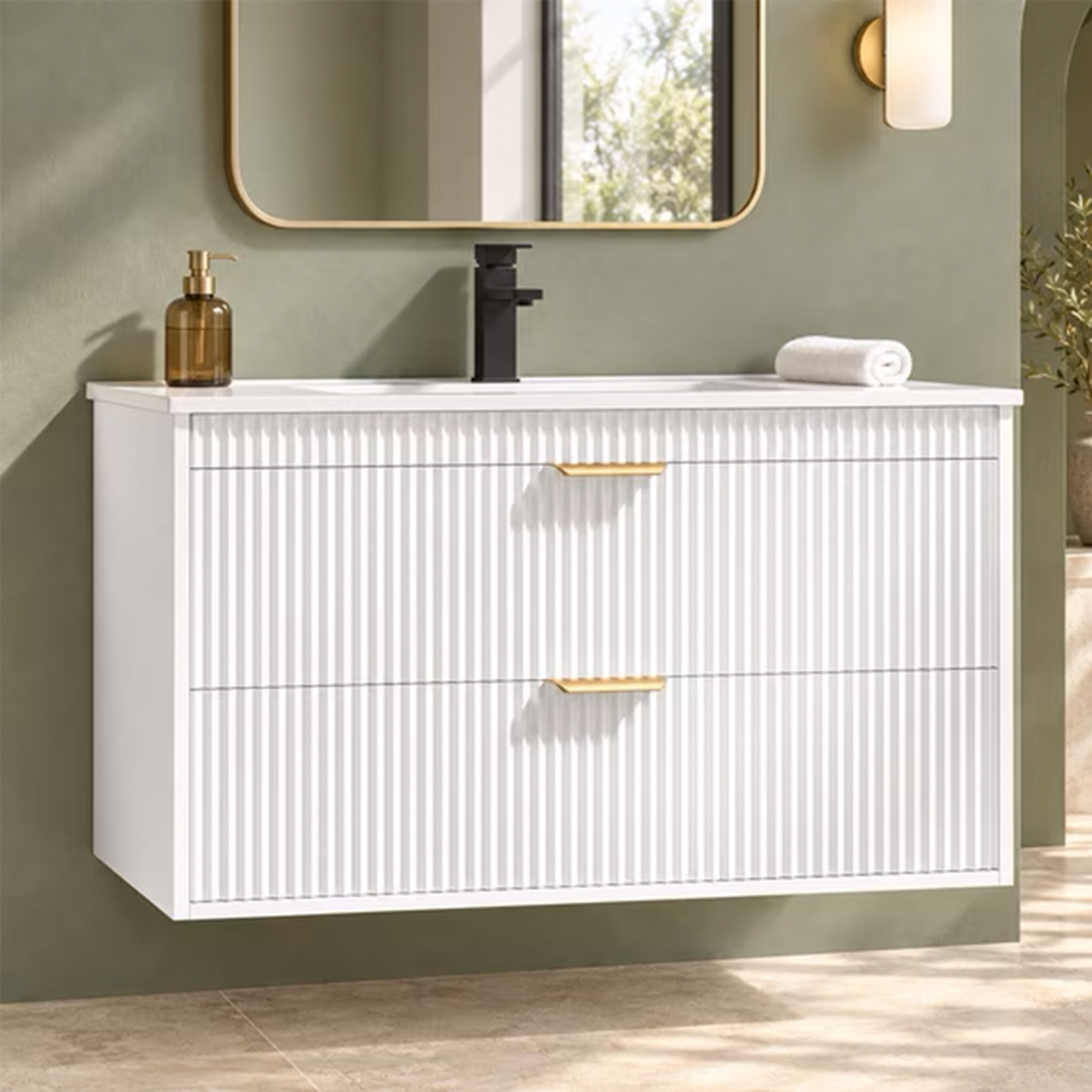 VEANERWOOD 29.9" Floating Bathroom Vanity with Sink, 2 Fluted Drawers, Faucet and Drain Included, White