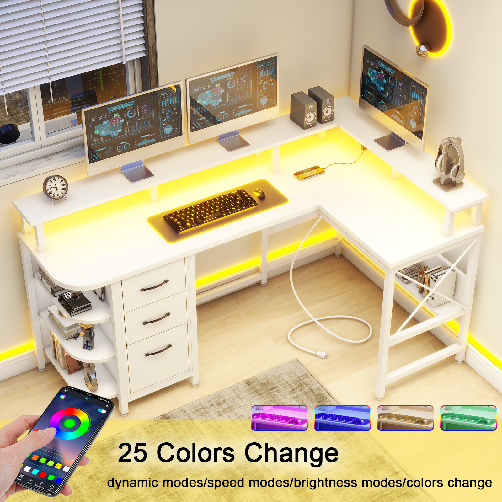 Vabches 67" L Shaped Computer Desk with LED Lights and Power Outlets, Reversible Gaming Desk with 3 Drawers Hutch