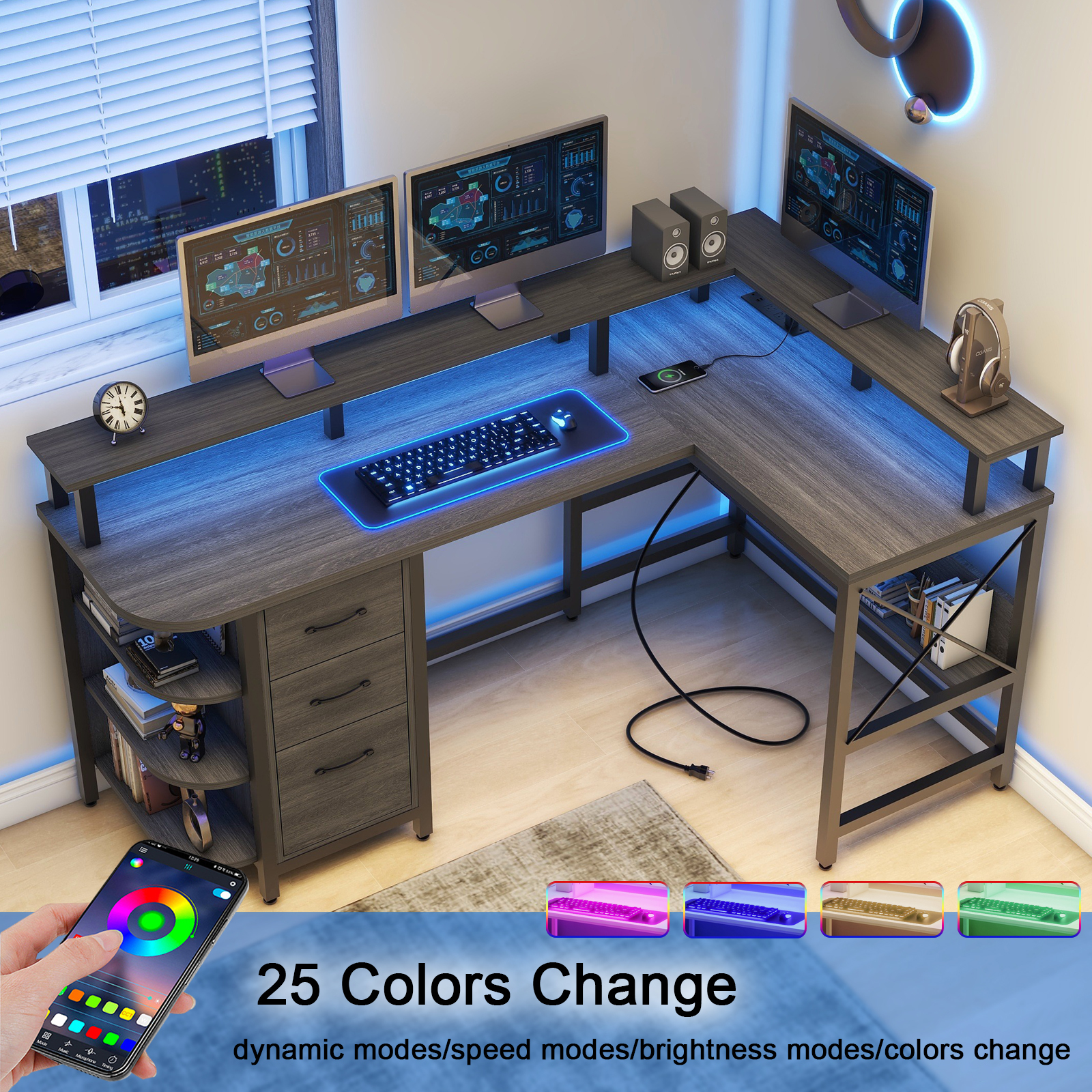 Vabches 67" L Shaped Computer Desk with LED Lights and Power Outlets, Reversible L Shaped Gaming Desk with 3 Drawers Hutch for Adolescents and adults
