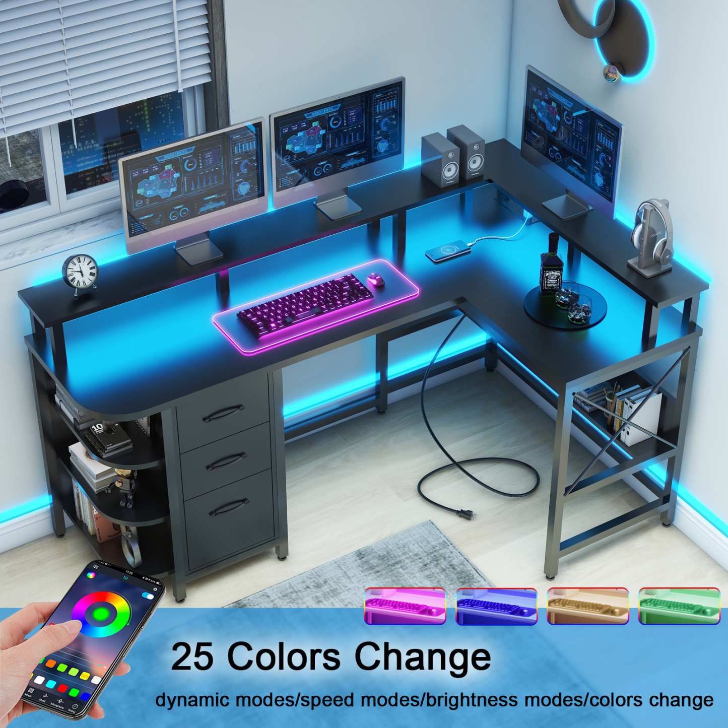 Vabches 67" L Shaped Computer Desk with LED Lights and Power Outlets, Reversible Gaming Desk with 3 Drawers Hutch for Adolescents and Adults