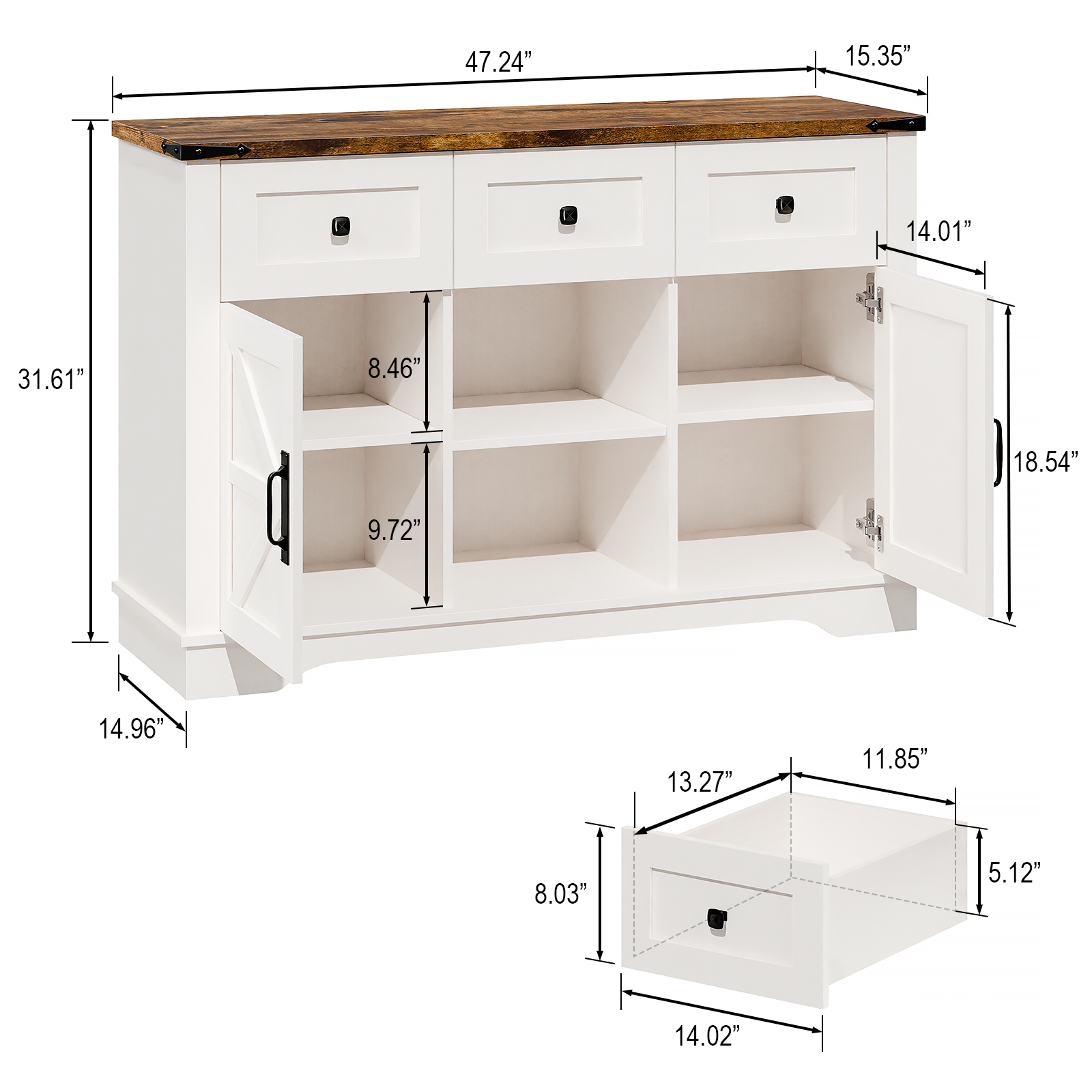Vabches Farmhouse Buffet Cabinet features barn-style doors, drawers, and shelves, providing ample storage for living rooms, dining rooms, and kitchens