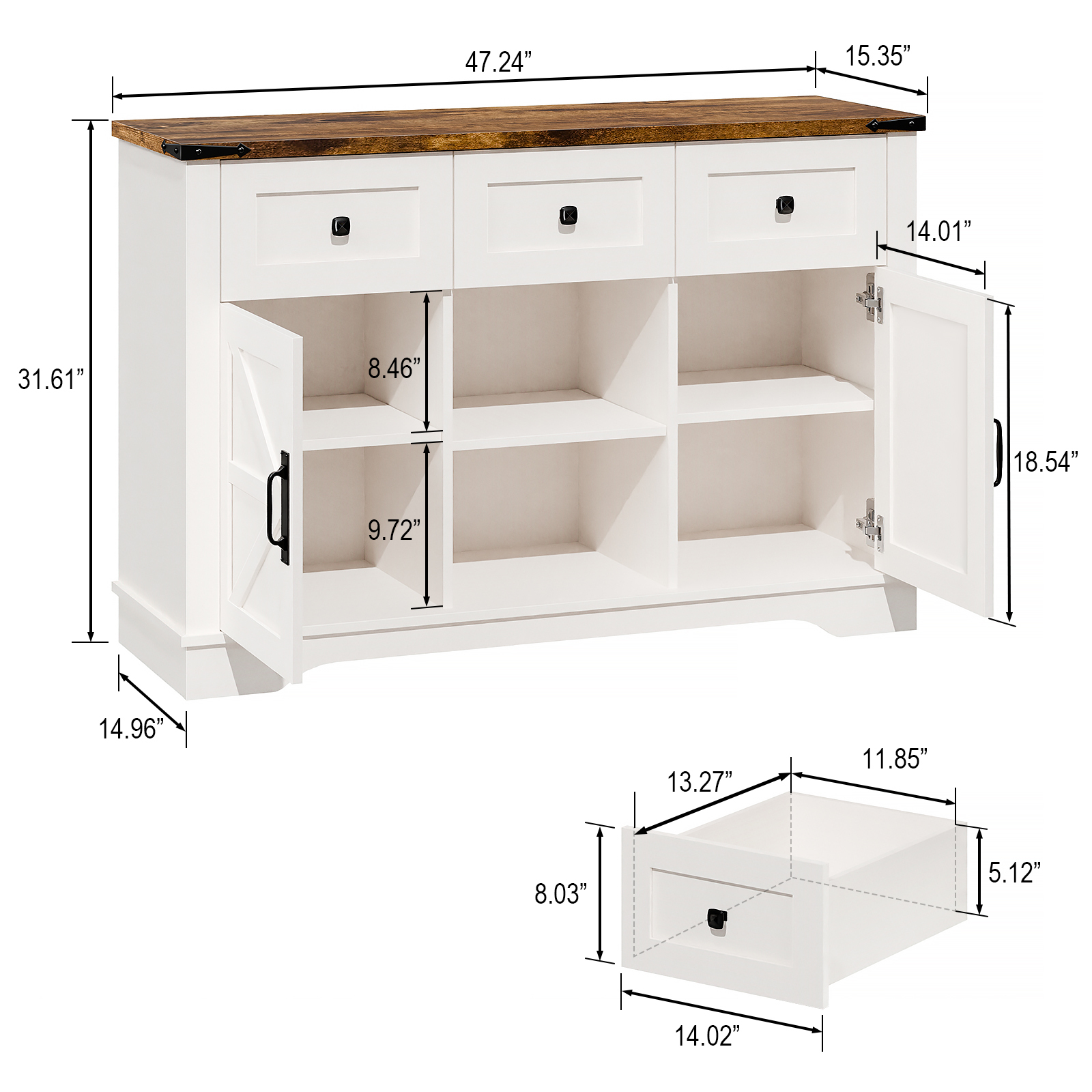 Vabches Farmhouse Buffet Cabinet features barn-style doors, drawers, and shelves, providing ample storage for living rooms, dining rooms, and kitchens