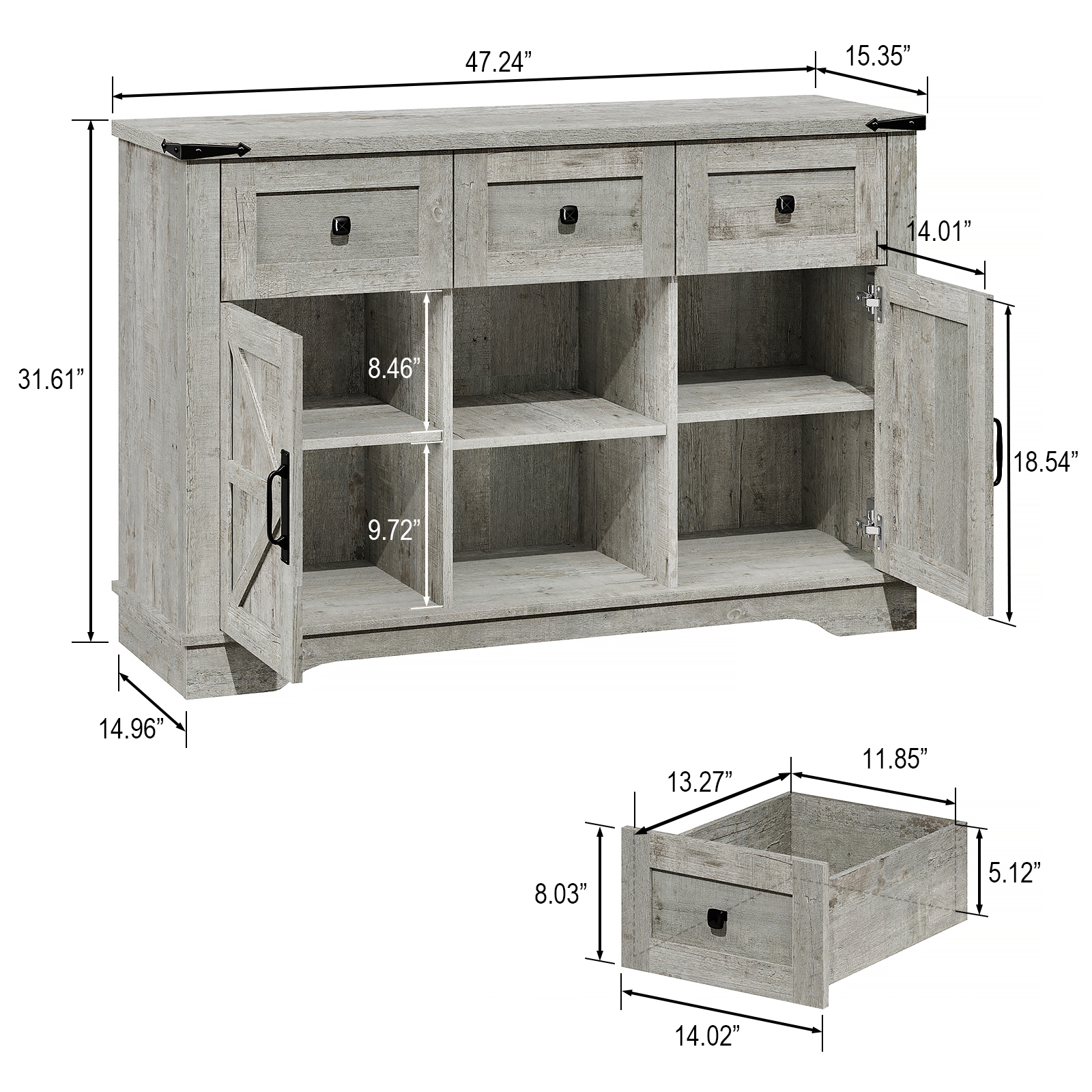 The Vabches Farmhouse Buffet Cabinet features barn-style doors, drawers, and shelves, providing ample storage for living rooms, dining rooms, and kitchens