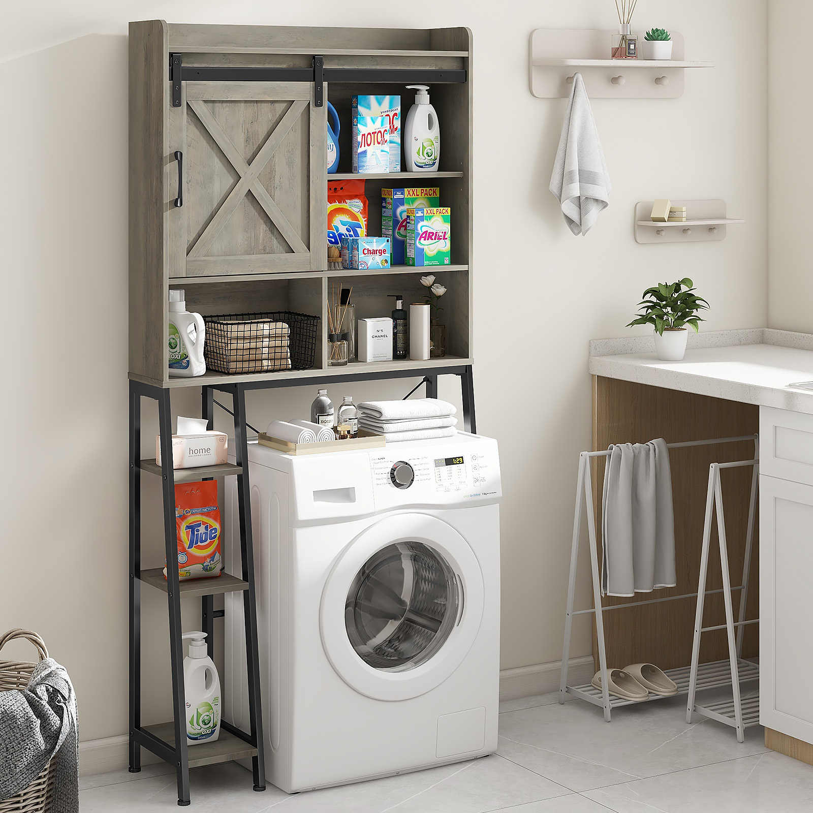 Vabches Over The Toilet Storage Cabinet with Sliding Door and Integrated Toilet Paper Holder, Ideal for Bathrooms, Restrooms, and Laundry Rooms.