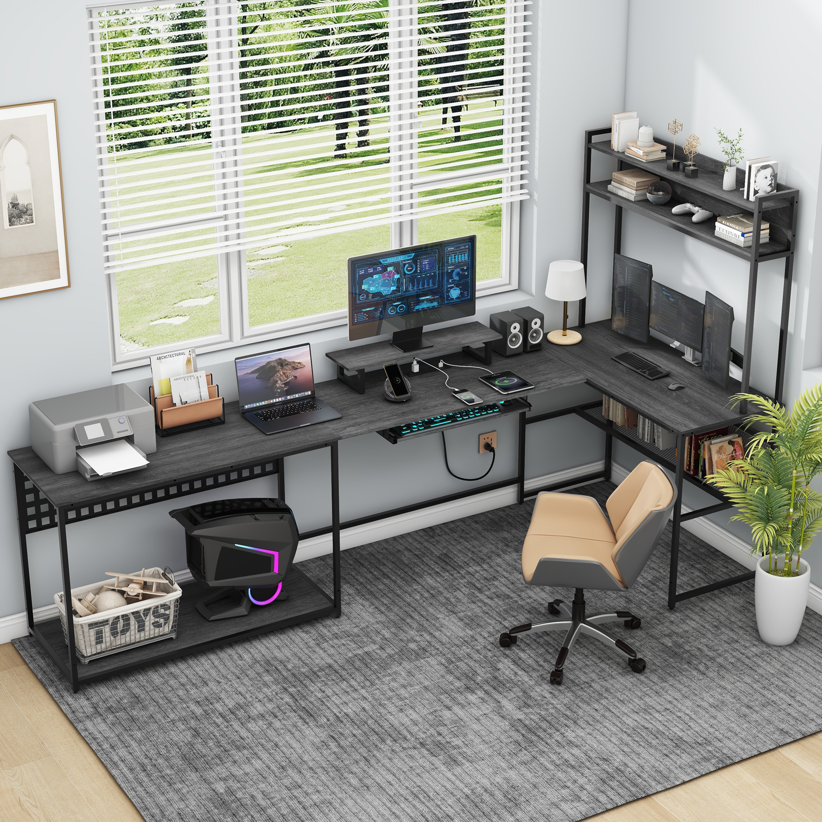 Vabches U Shaped Office Desk with LED Lights, L Shaped Desk with Power Outlet and Monitor Stand, Grey