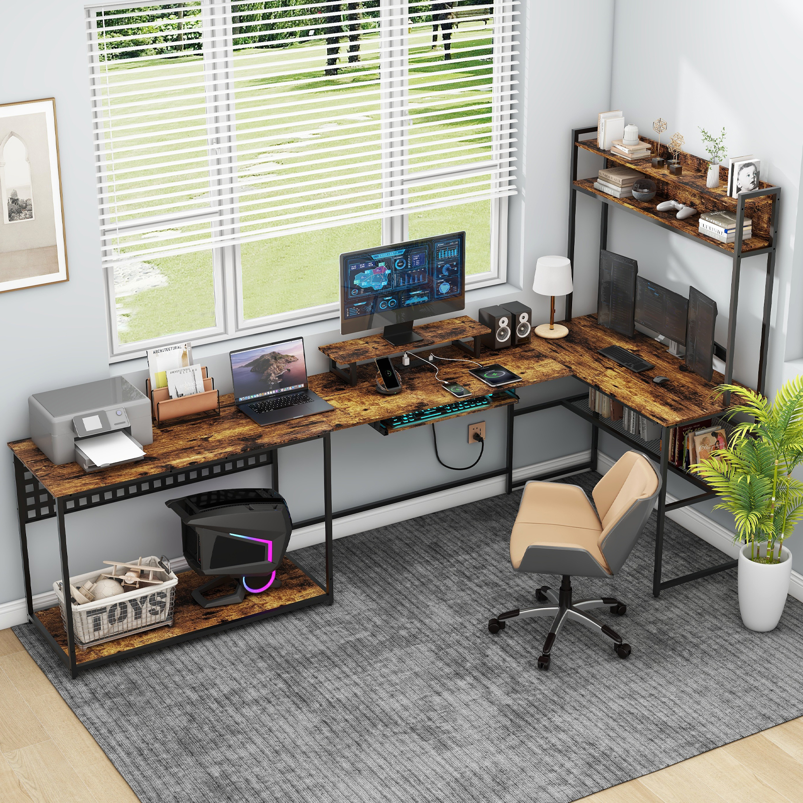 Vabches U Shaped Office Desk with LED Lights, L Shaped Desk with Power Outlet and Monitor Stand, Brown
